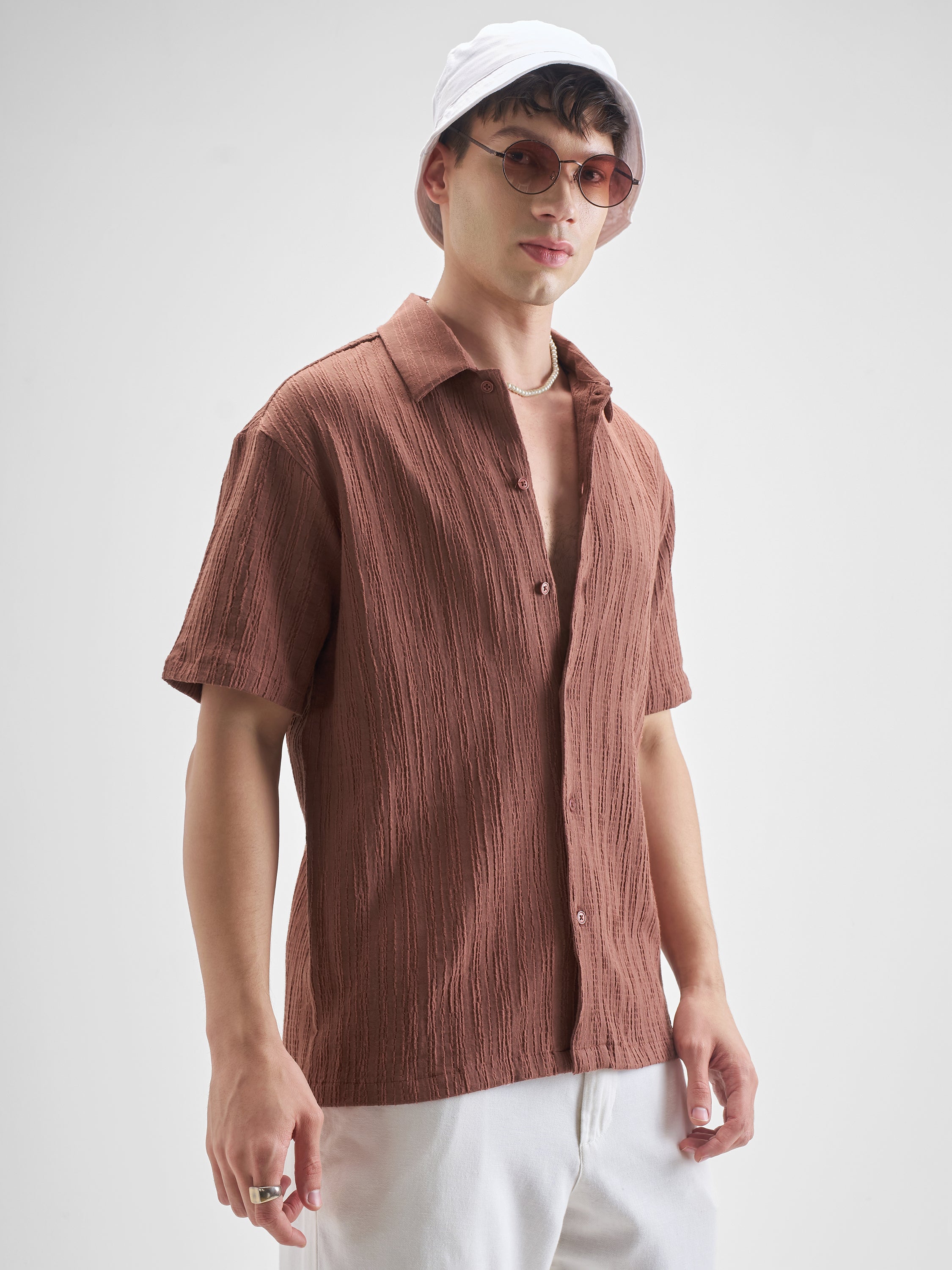 Highlander Men Rust Self Design Relaxed Fit Casual Shirt - Rust - Image 6