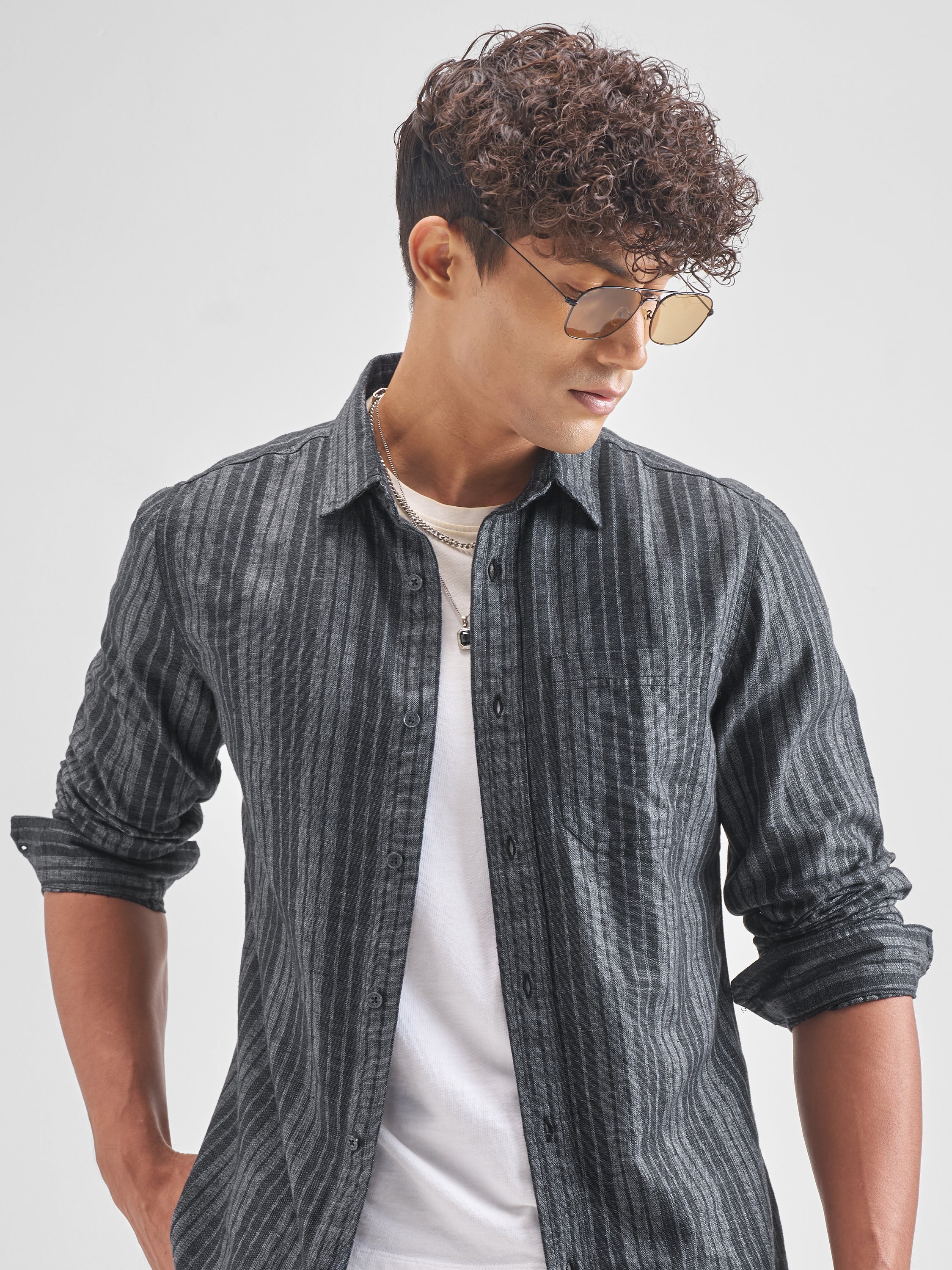 Highlander Men Grey Striped Slim Fit Casual Shirt - Grey - Image 1