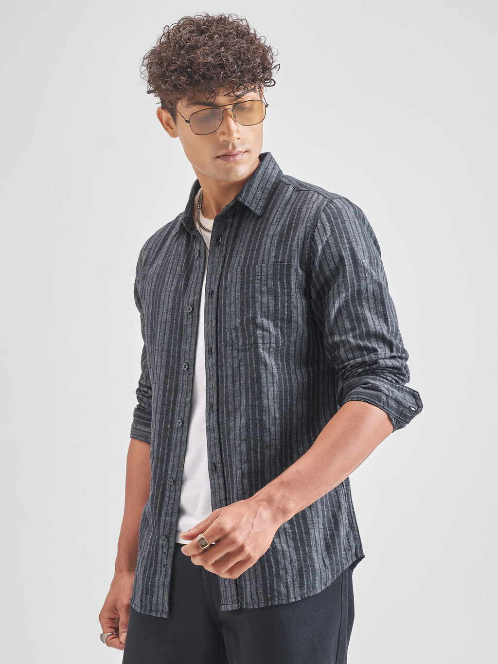 Highlander Men Grey Striped Slim Fit Casual Shirt - Grey - Image 4