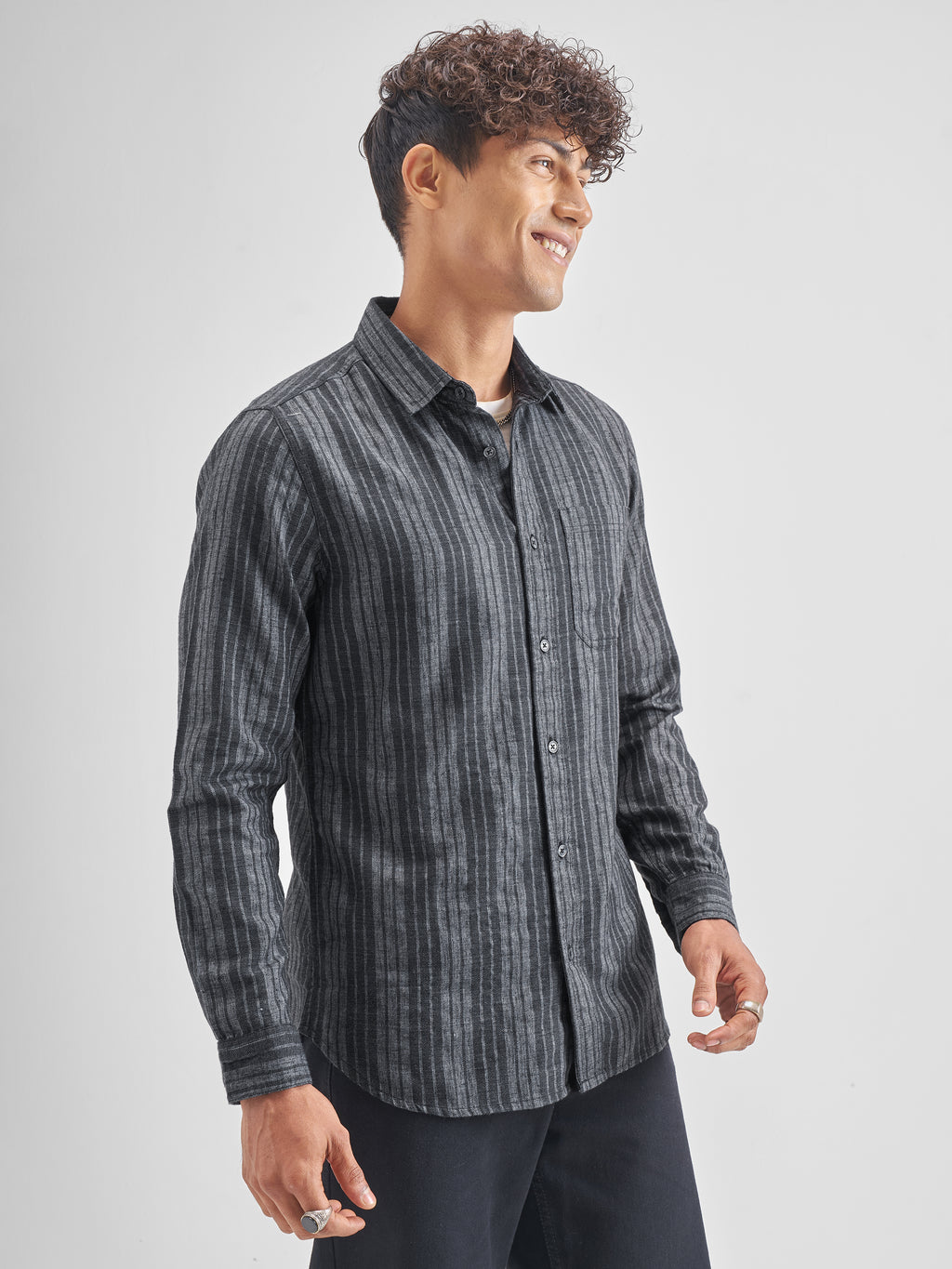 Highlander Men Grey Striped Slim Fit Casual Shirt - Grey - Image 6