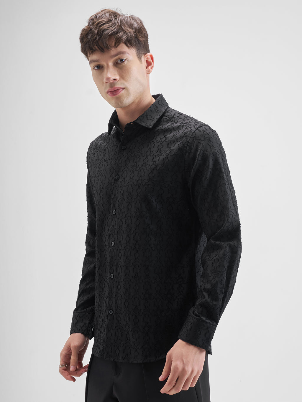 Highlander Men Black Self Design Slim Fit Casual Shirt - Black - Image 4