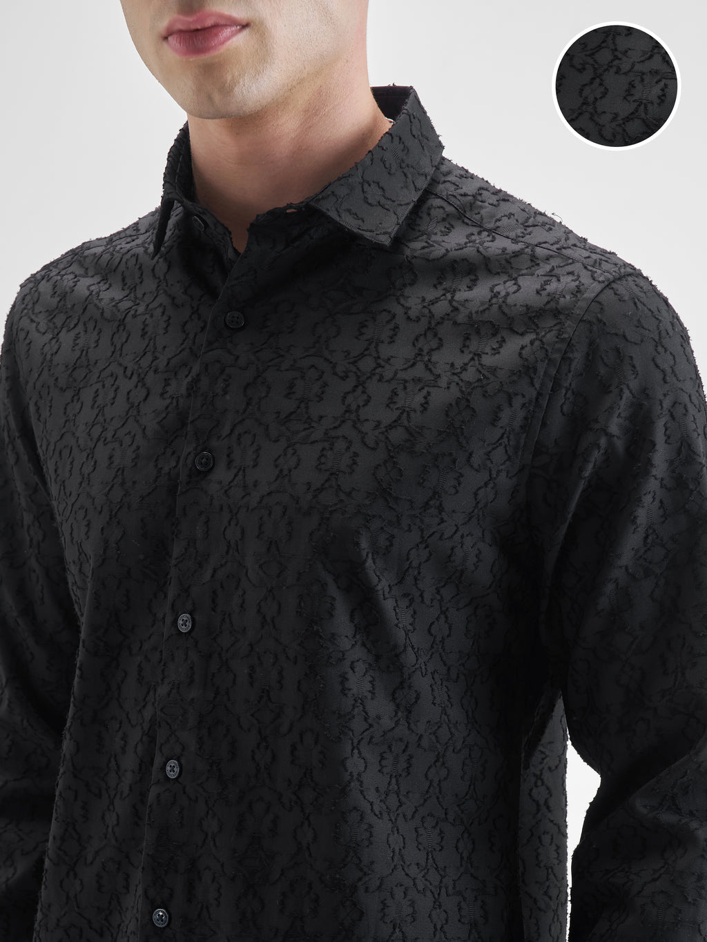 Highlander Men Black Self Design Slim Fit Casual Shirt - Black - Image 5