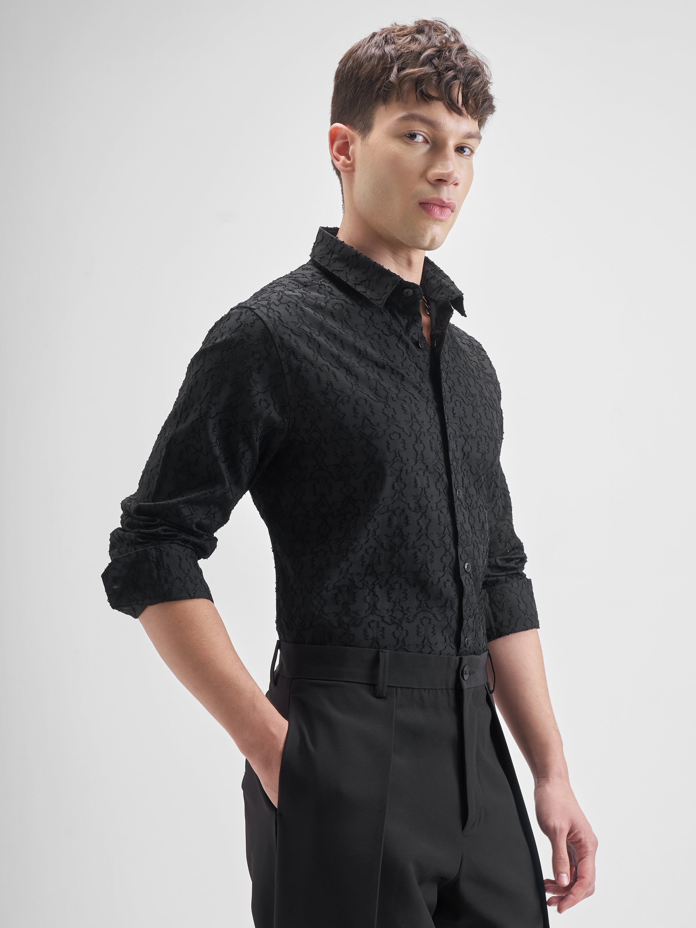 Highlander Men Black Self Design Slim Fit Casual Shirt - Black - Image 6