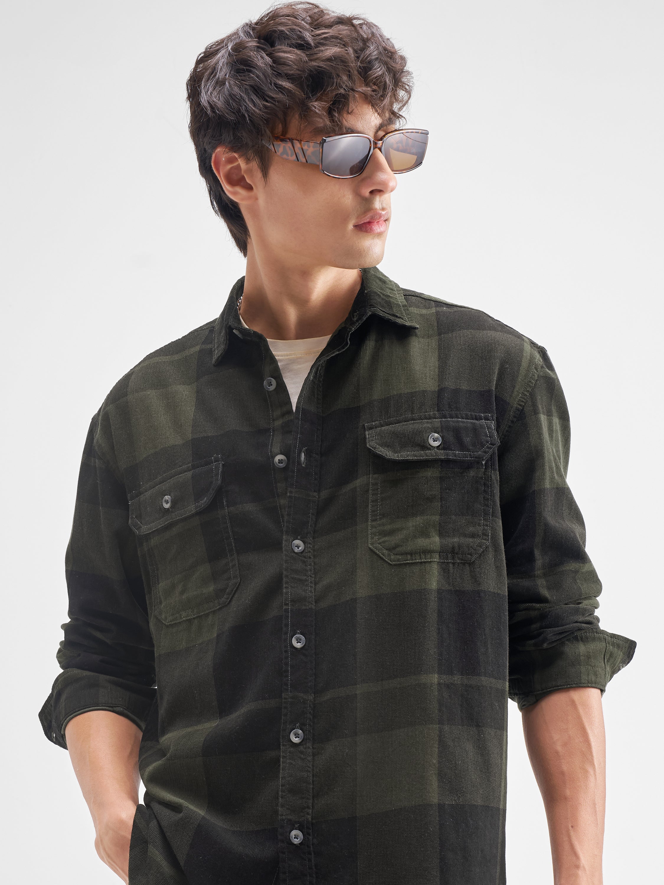 Highlander Men Olive Checked Relaxed Fit Casual Shirt - Olive - Image 1