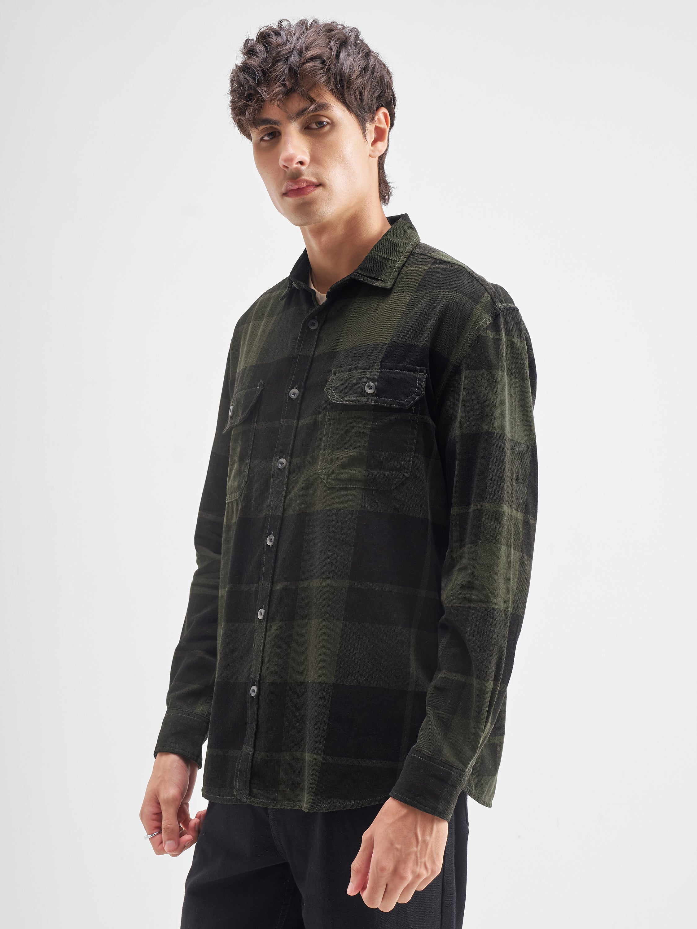 Highlander Men Olive Checked Relaxed Fit Casual Shirt - Olive - Image 4