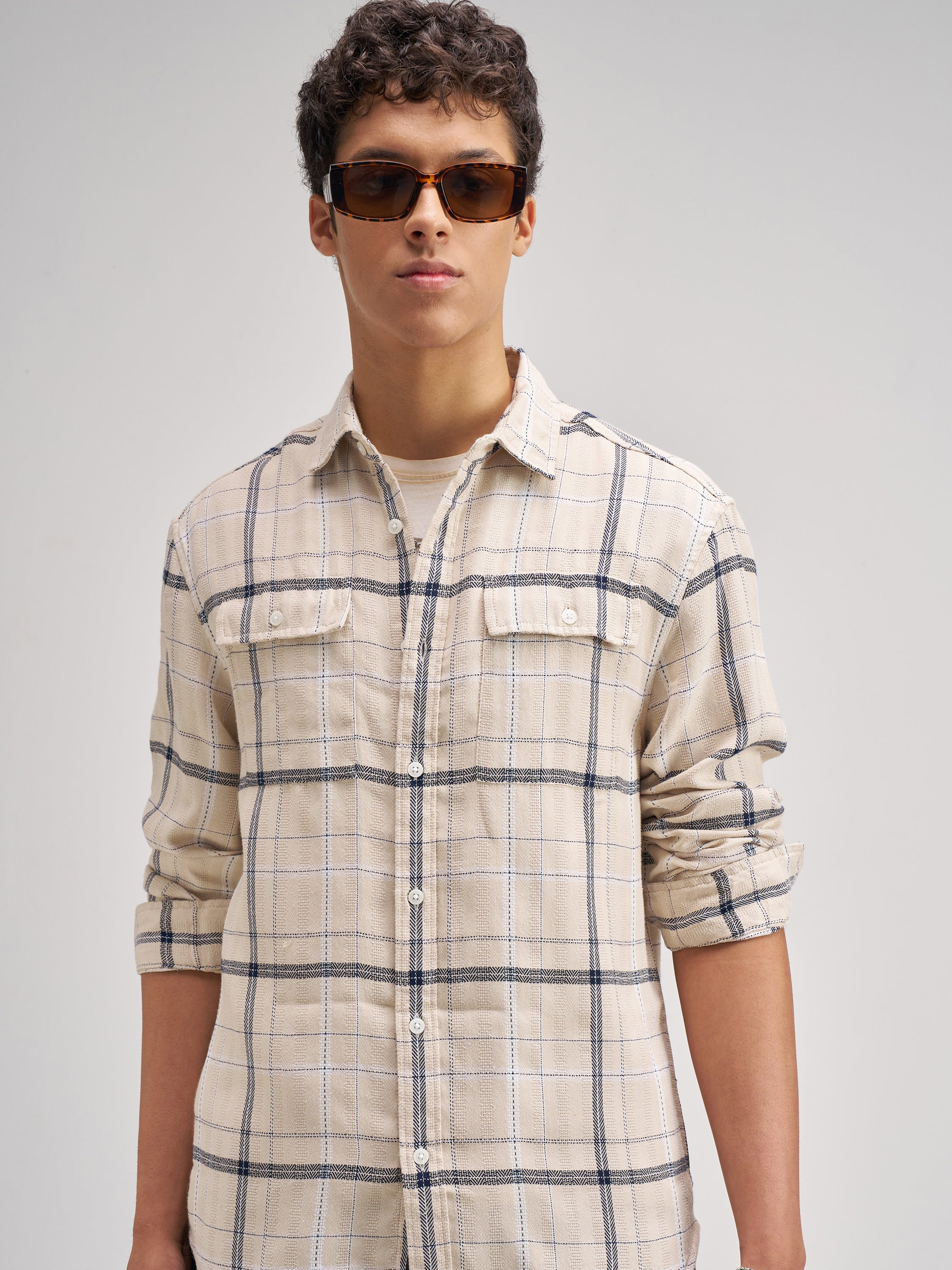 Highlander Men Cream Checked Regular Fit Casual Shirt - Cream - Image 1