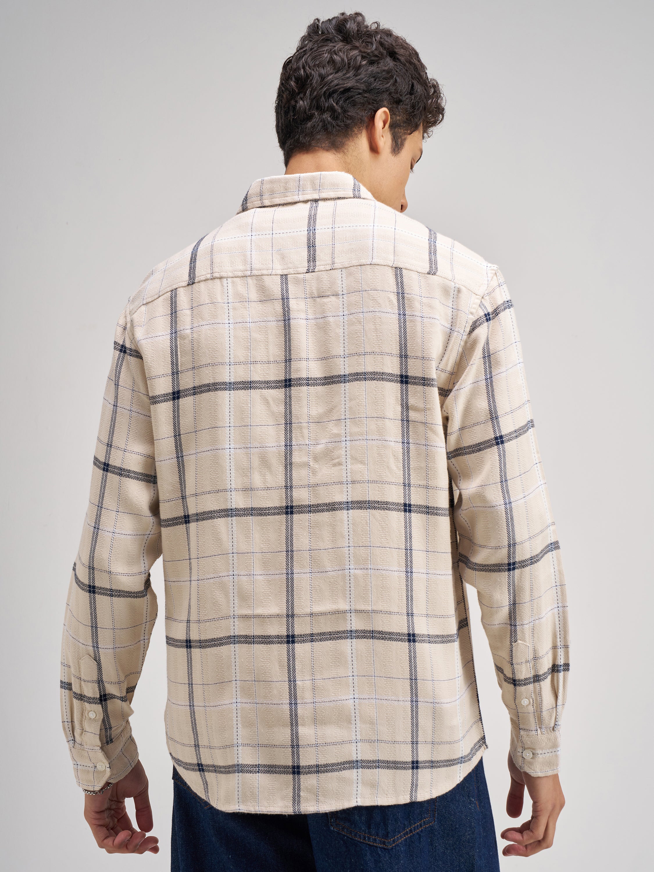 Highlander Men Cream Checked Regular Fit Casual Shirt - Cream - Image 3