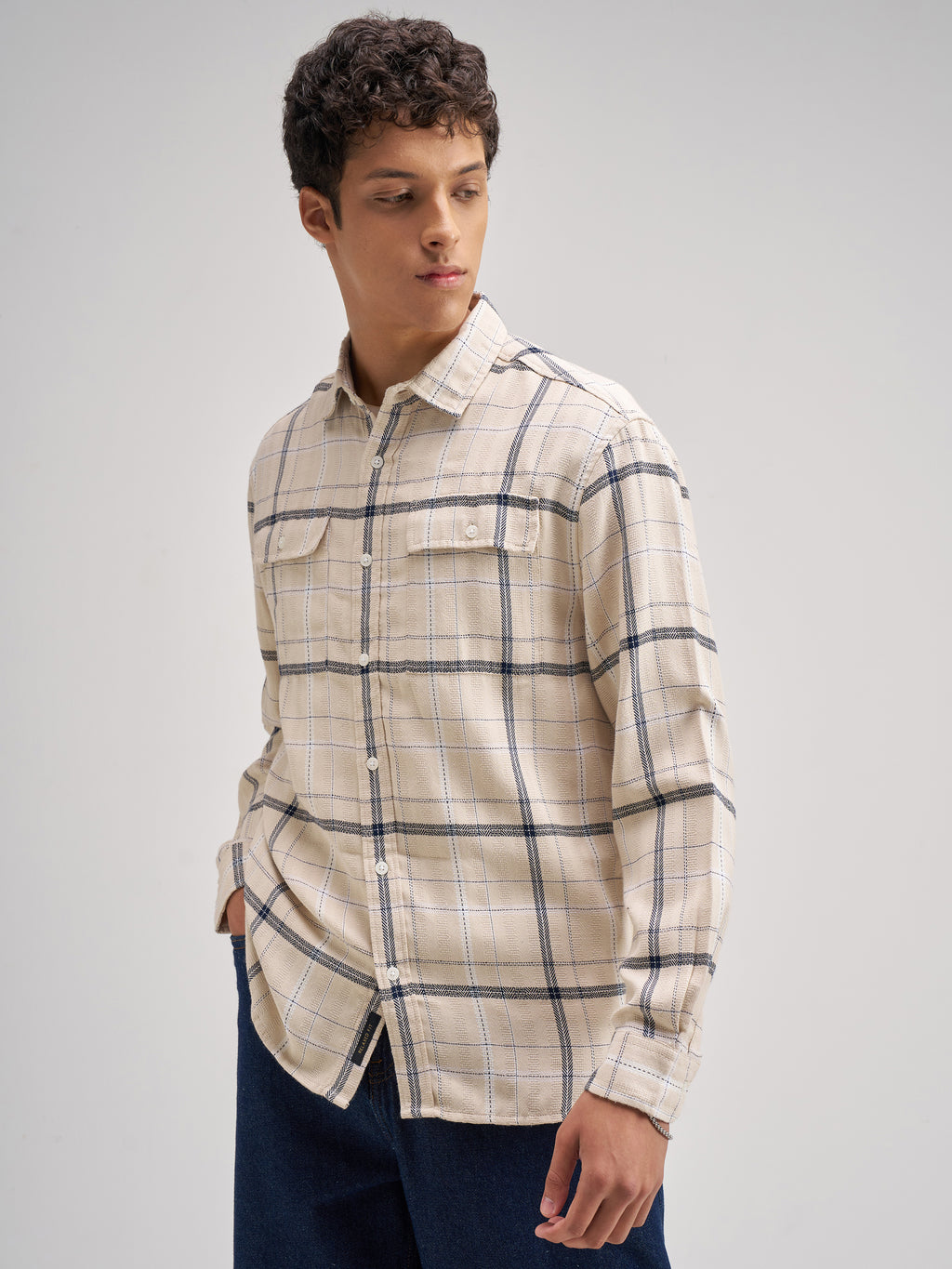 Highlander Men Cream Checked Regular Fit Casual Shirt - Cream - Image 4