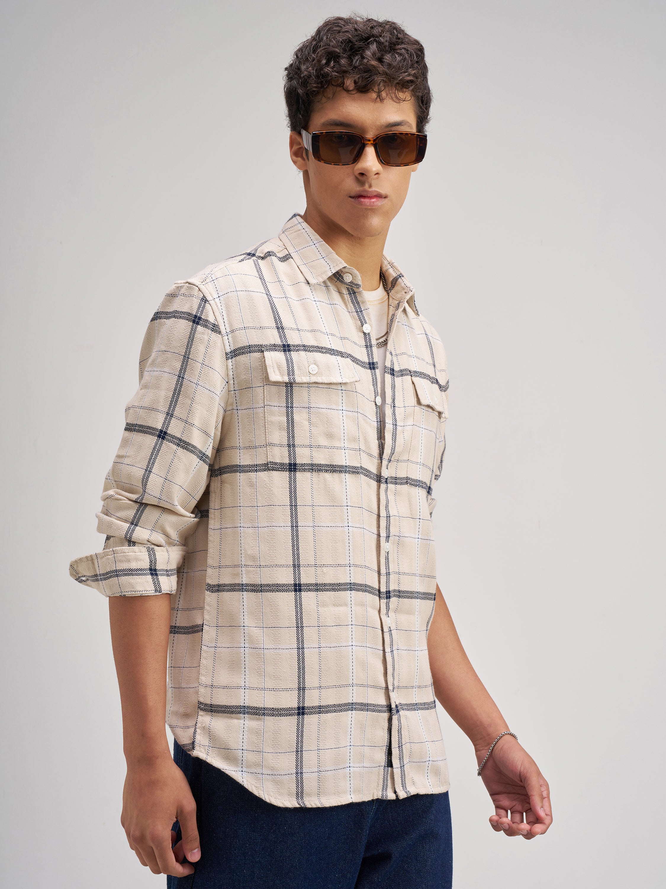 Highlander Men Cream Checked Regular Fit Casual Shirt - Cream - Image 6