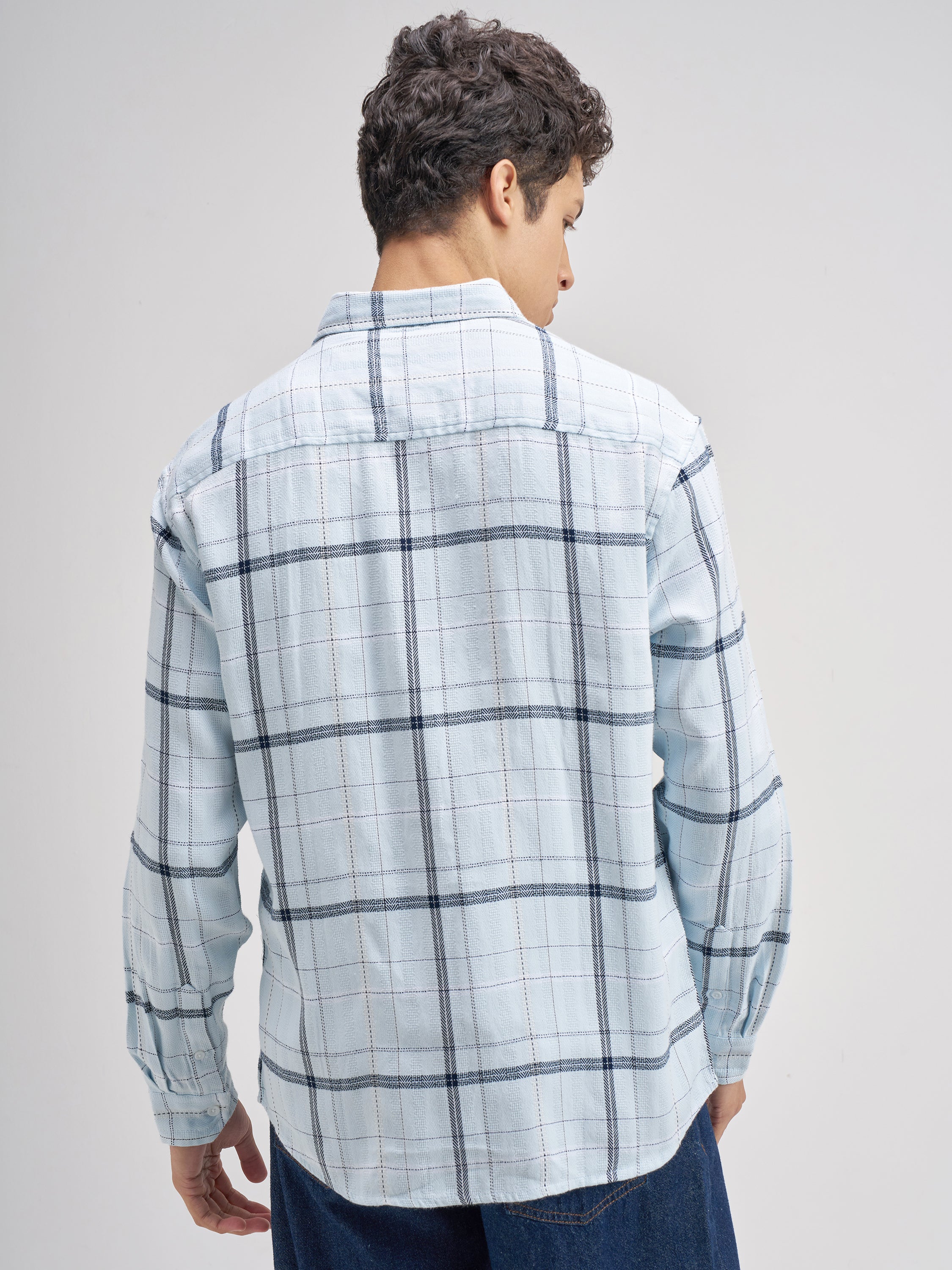 Highlander Men Blue Checked Relaxed Fit Casual Shirt - Blue - Image 3
