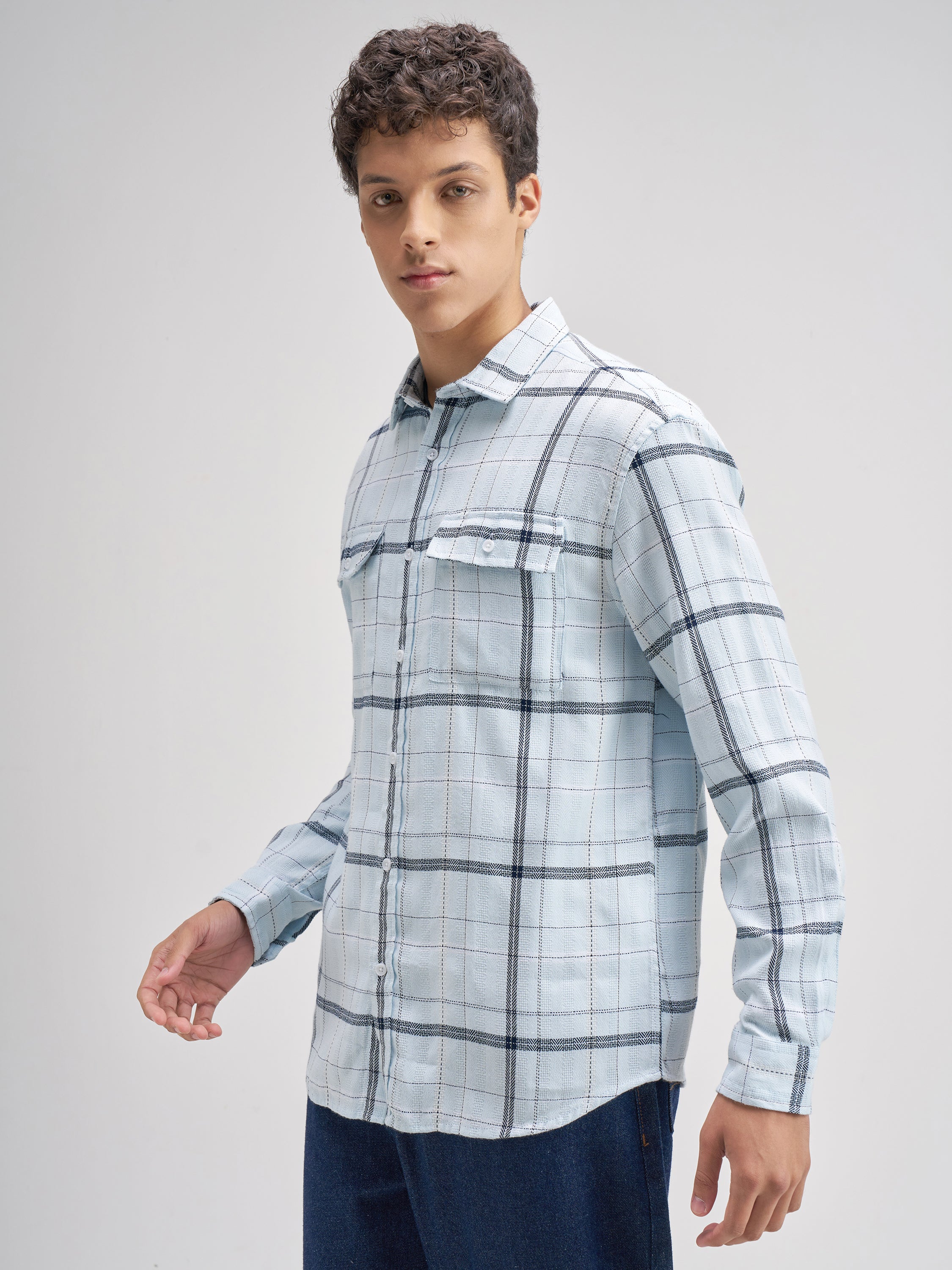 Highlander Men Blue Checked Relaxed Fit Casual Shirt - Blue - Image 4