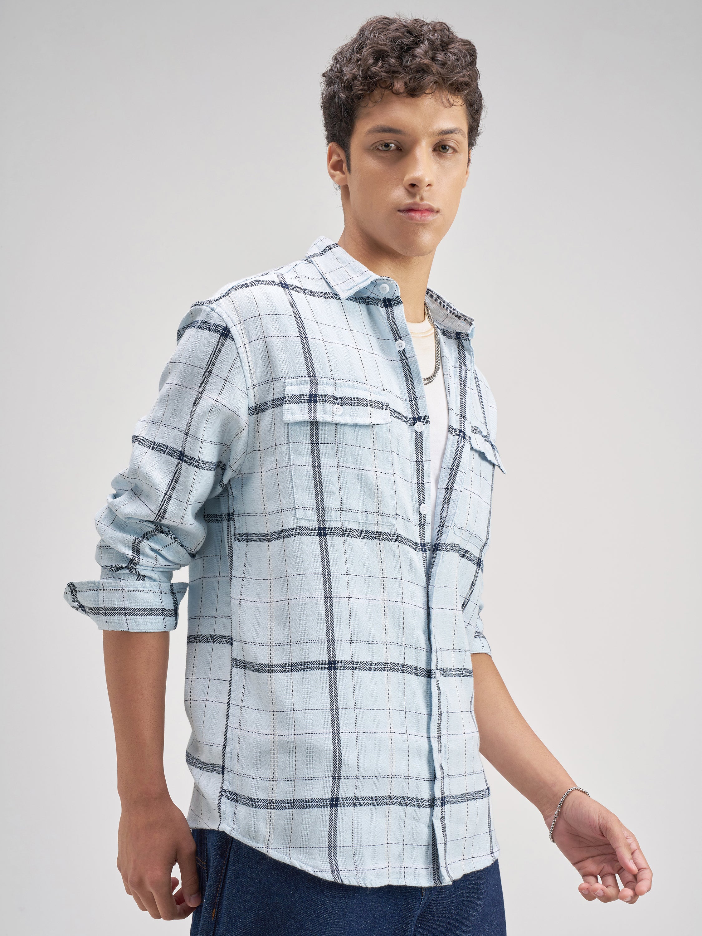 Highlander Men Blue Checked Relaxed Fit Casual Shirt - Blue - Image 6