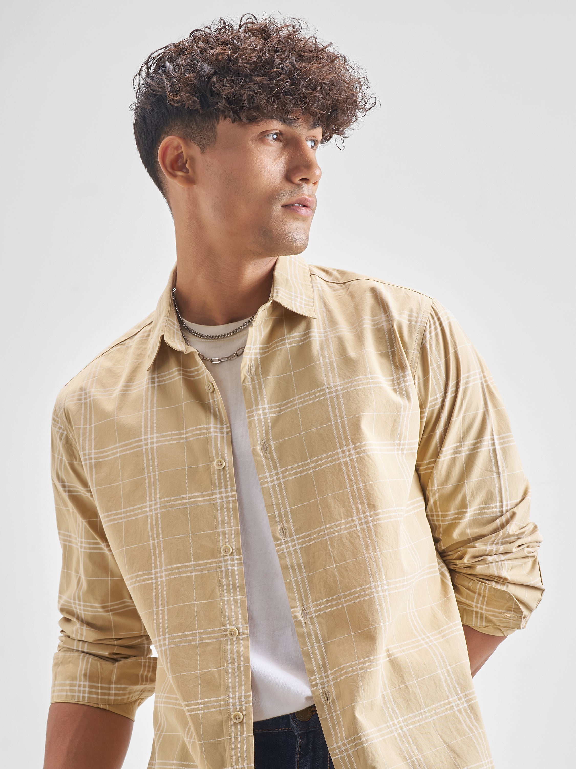 Highlander Men Beige Checked Regular Fit Casual Shirt - Beige - Image 1