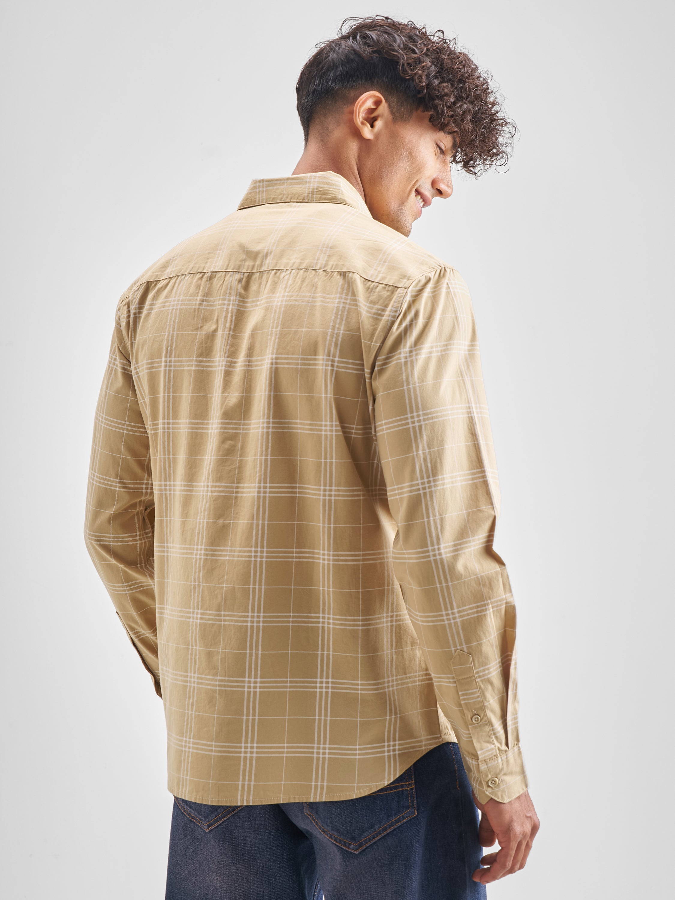 Highlander Men Beige Checked Regular Fit Casual Shirt - Beige - Image 3