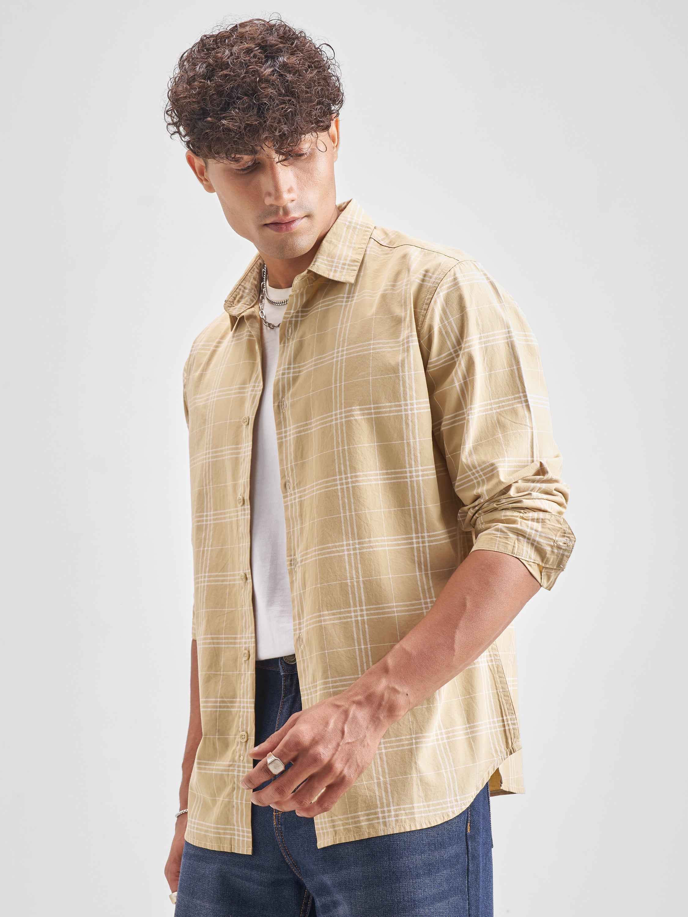 Highlander Men Beige Checked Regular Fit Casual Shirt - Beige - Image 4