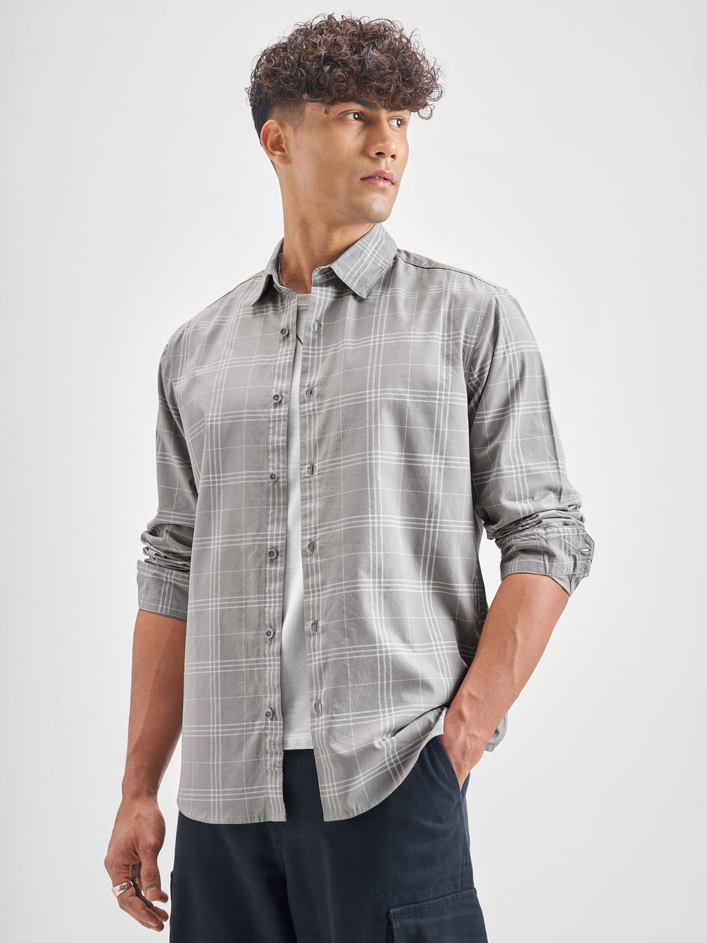 Highlander Men Grey Checked Regular Fit Casual Shirt - Grey - Image 4