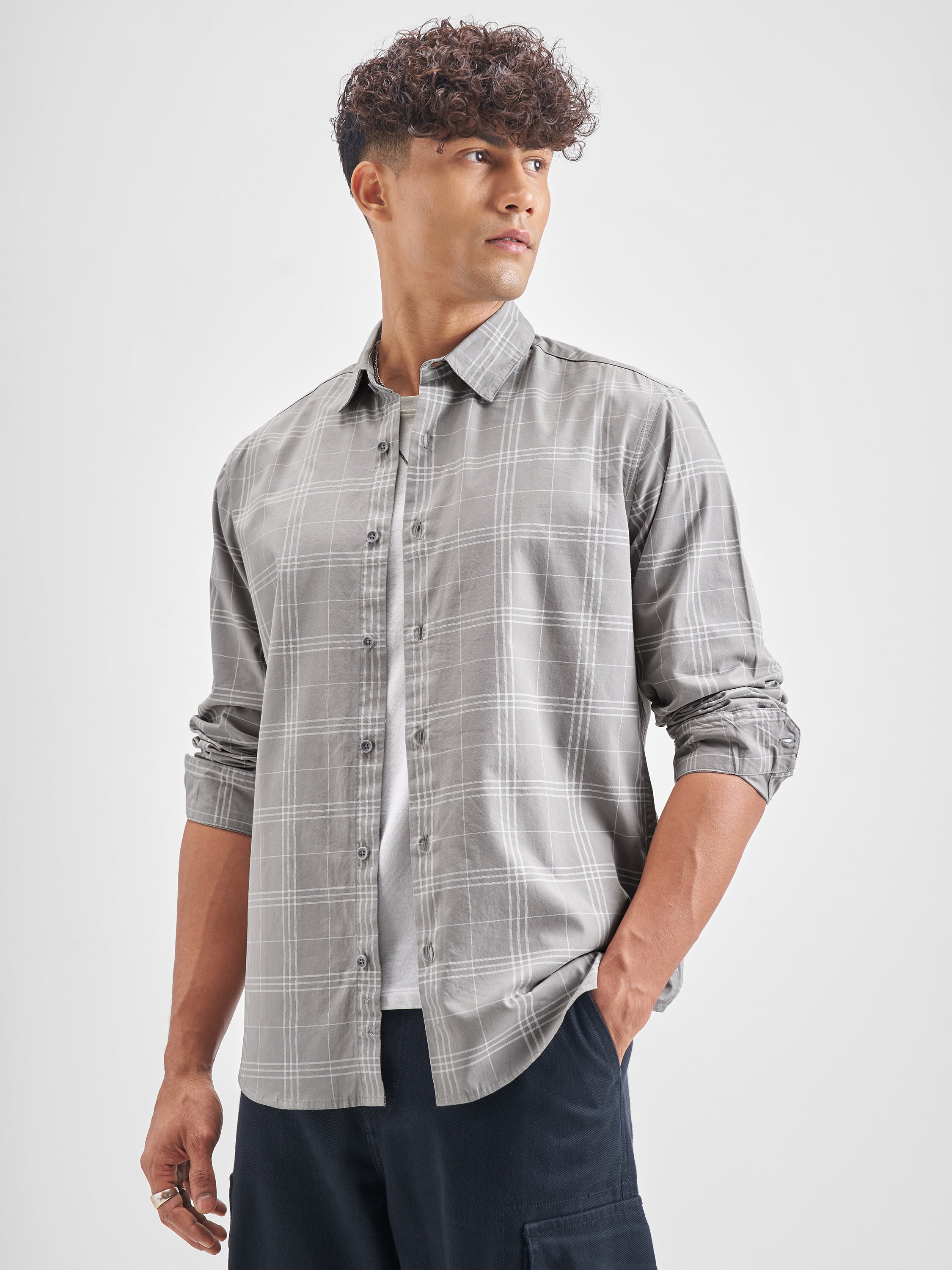 Highlander Men Grey Checked Regular Fit Casual Shirt - Grey - Image 4