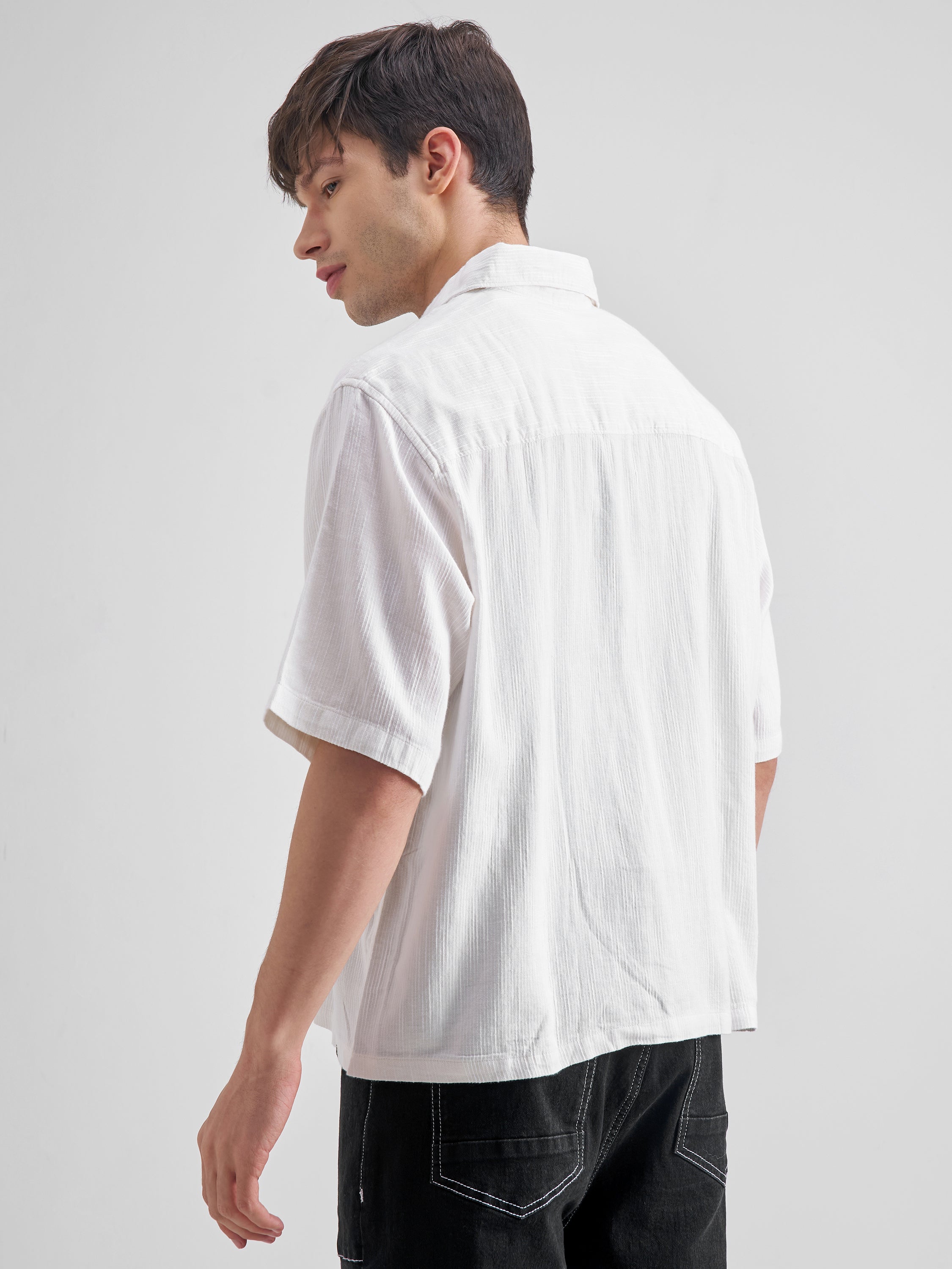 Highlander Men White Embroidered Boxy Fit Casual Shirt - White - Image 3
