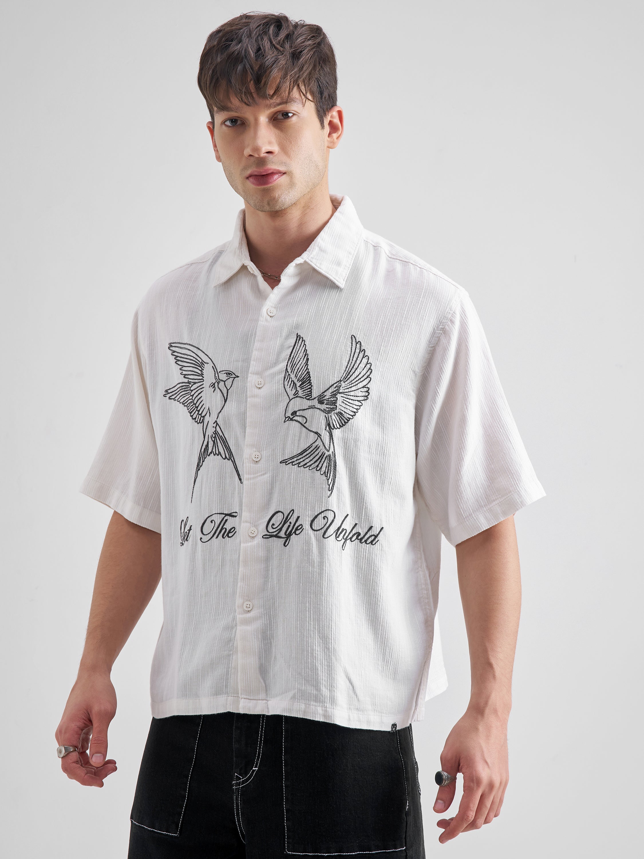 Highlander Men White Embroidered Boxy Fit Casual Shirt - White - Image 4