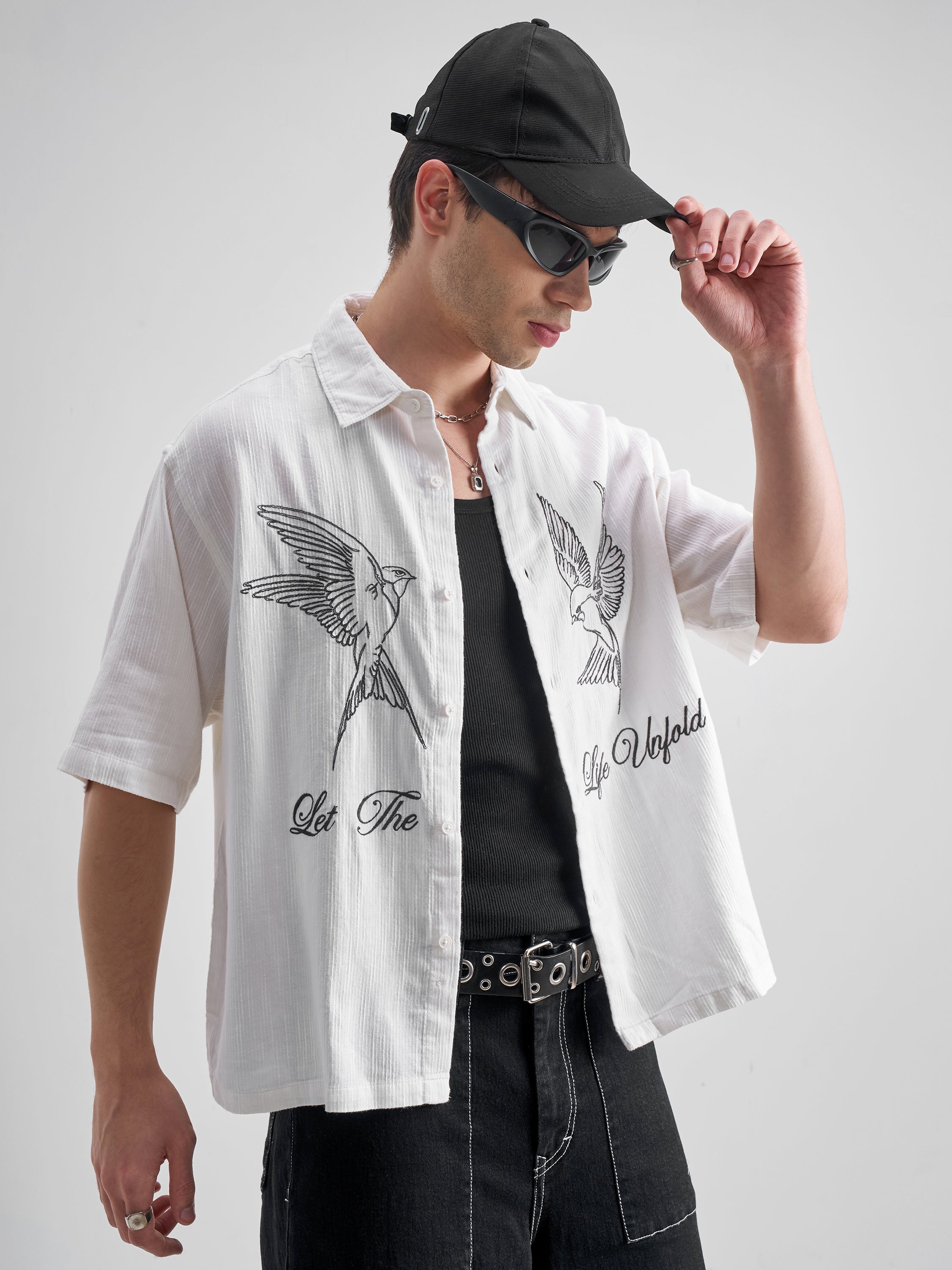 Highlander Men White Embroidered Boxy Fit Casual Shirt - White - Image 6