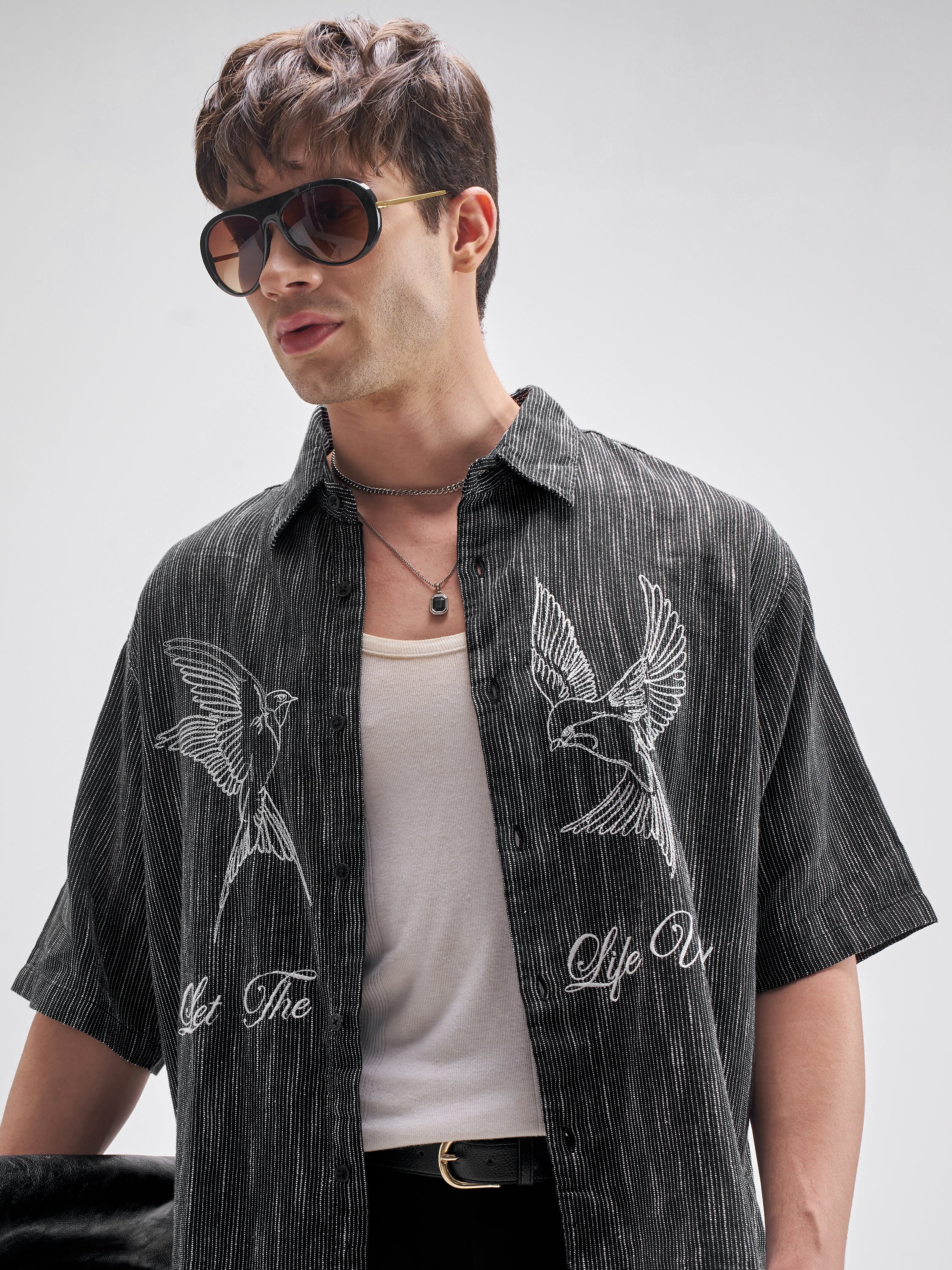 Highlander Men Black Embroidered Boxy Fit Casual Shirt - Black - Image 1