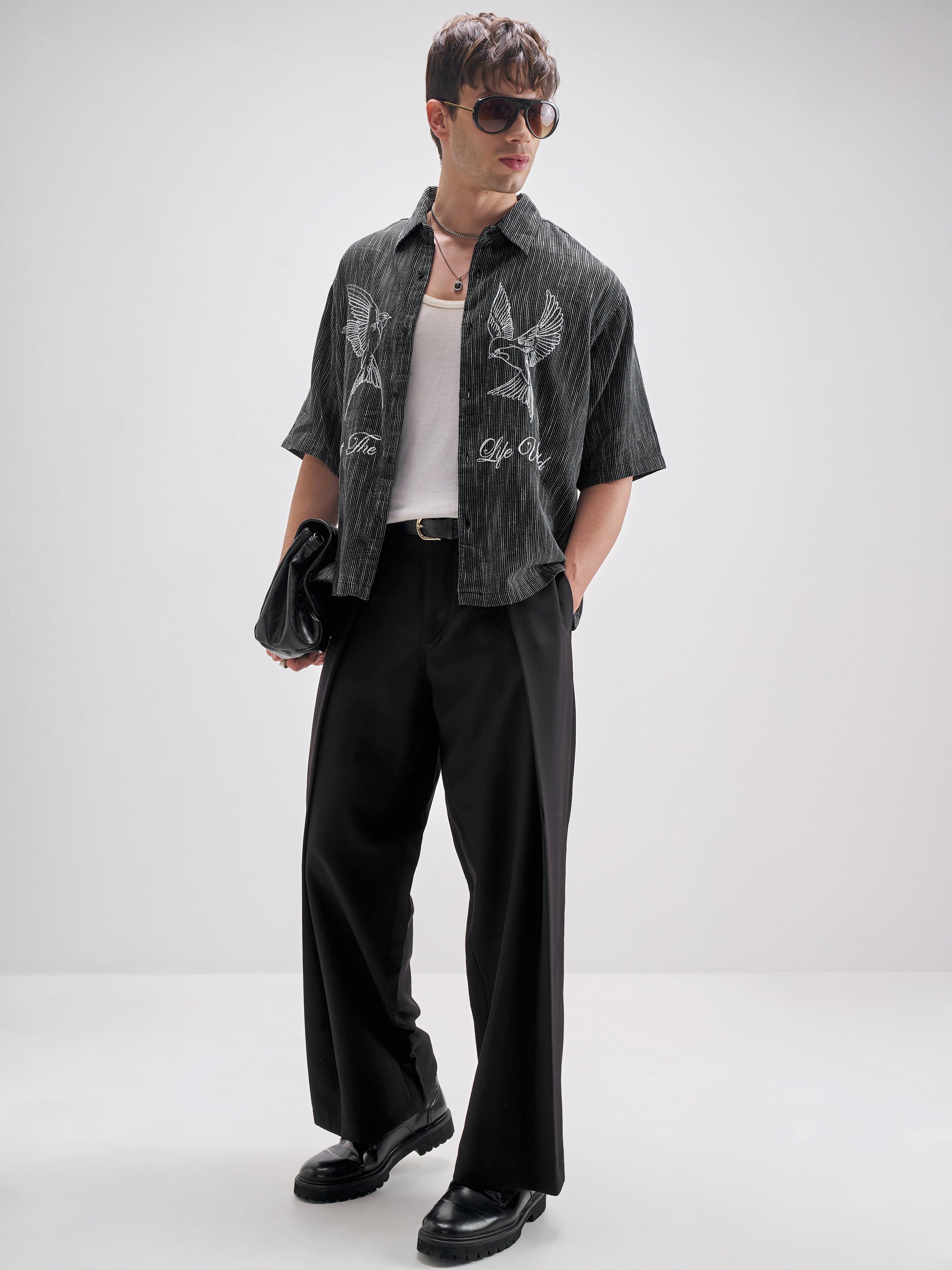 Highlander Men Black Embroidered Boxy Fit Casual Shirt - Black - Image 2