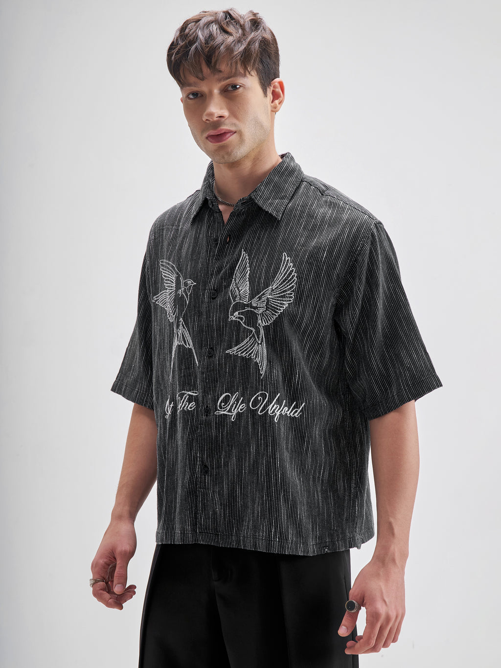 Highlander Men Black Embroidered Boxy Fit Casual Shirt - Black - Image 4
