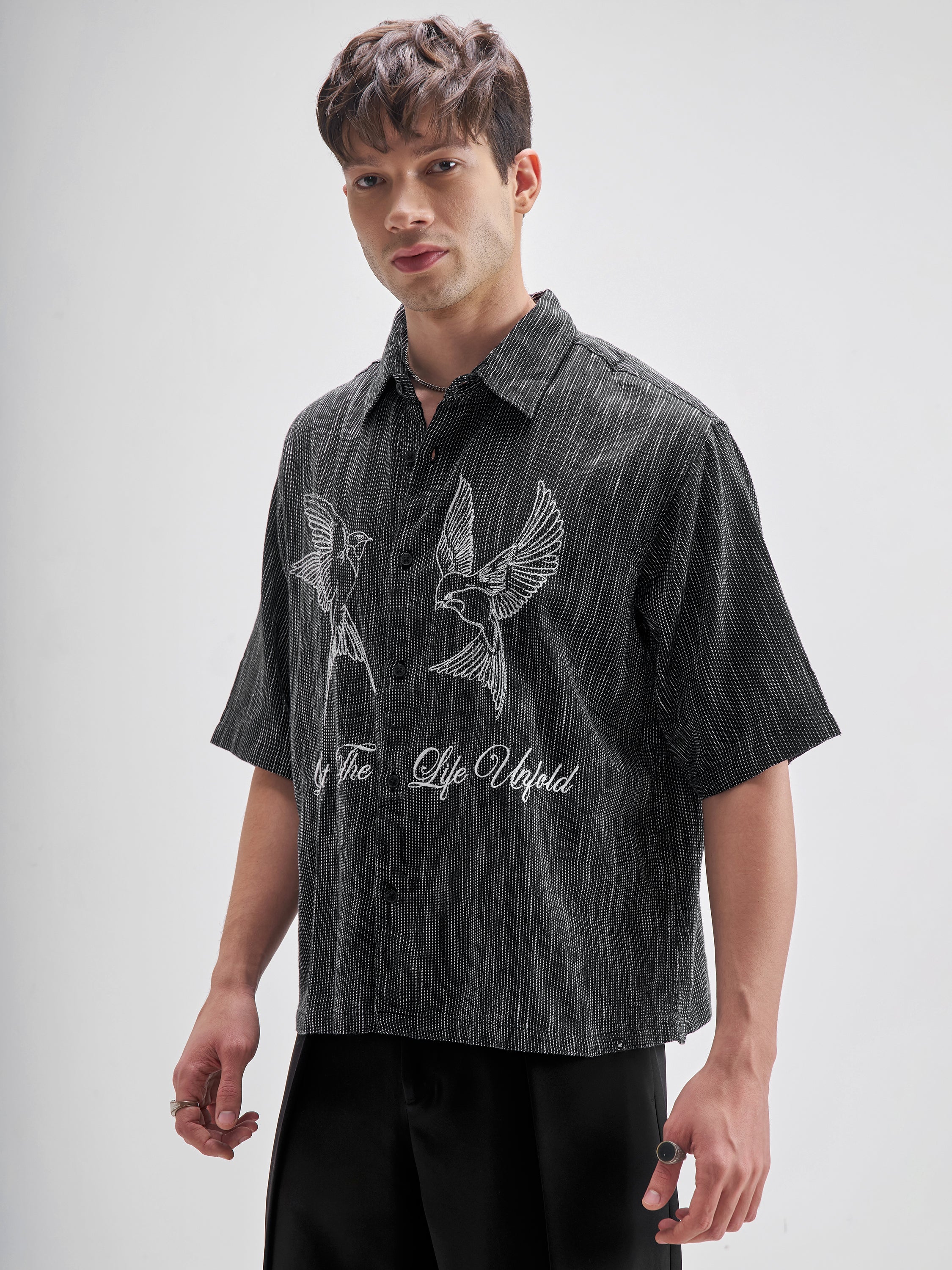Highlander Men Black Embroidered Boxy Fit Casual Shirt - Black - Image 4