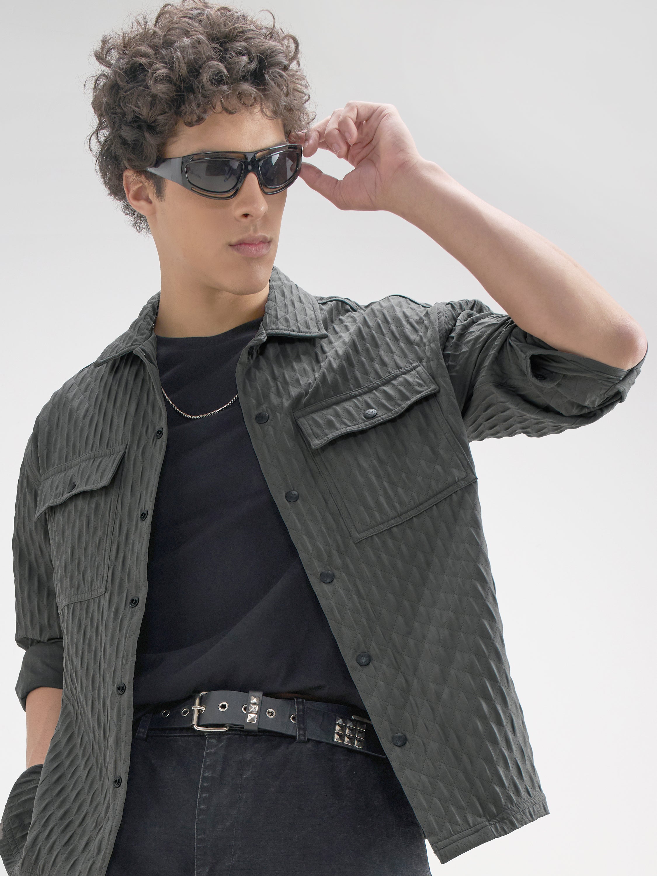Highlander Men Grey Self Design Relaxed Fit Casual Shirt - Grey - Image 1