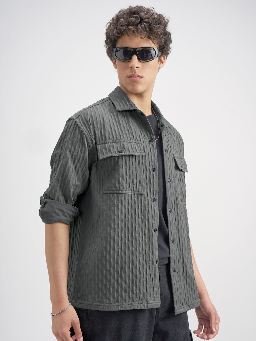 Highlander Men Grey Self Design Relaxed Fit Casual Shirt - Grey - Image 6