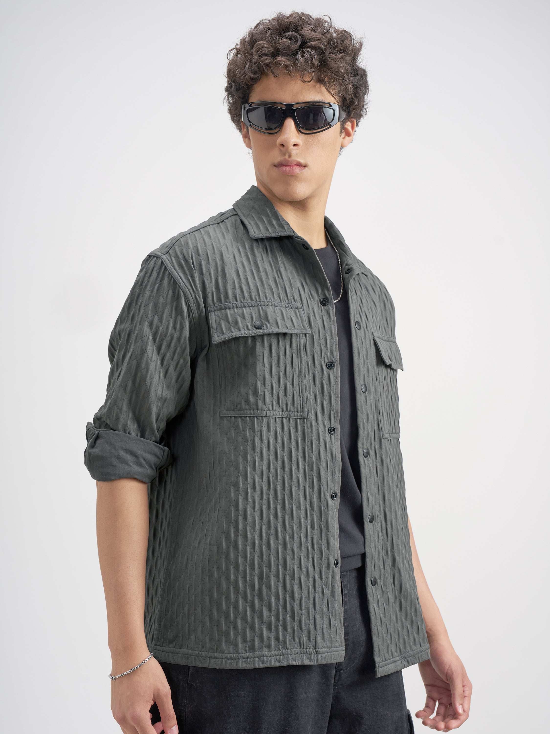 Highlander Men Grey Self Design Relaxed Fit Casual Shirt - Grey - Image 6
