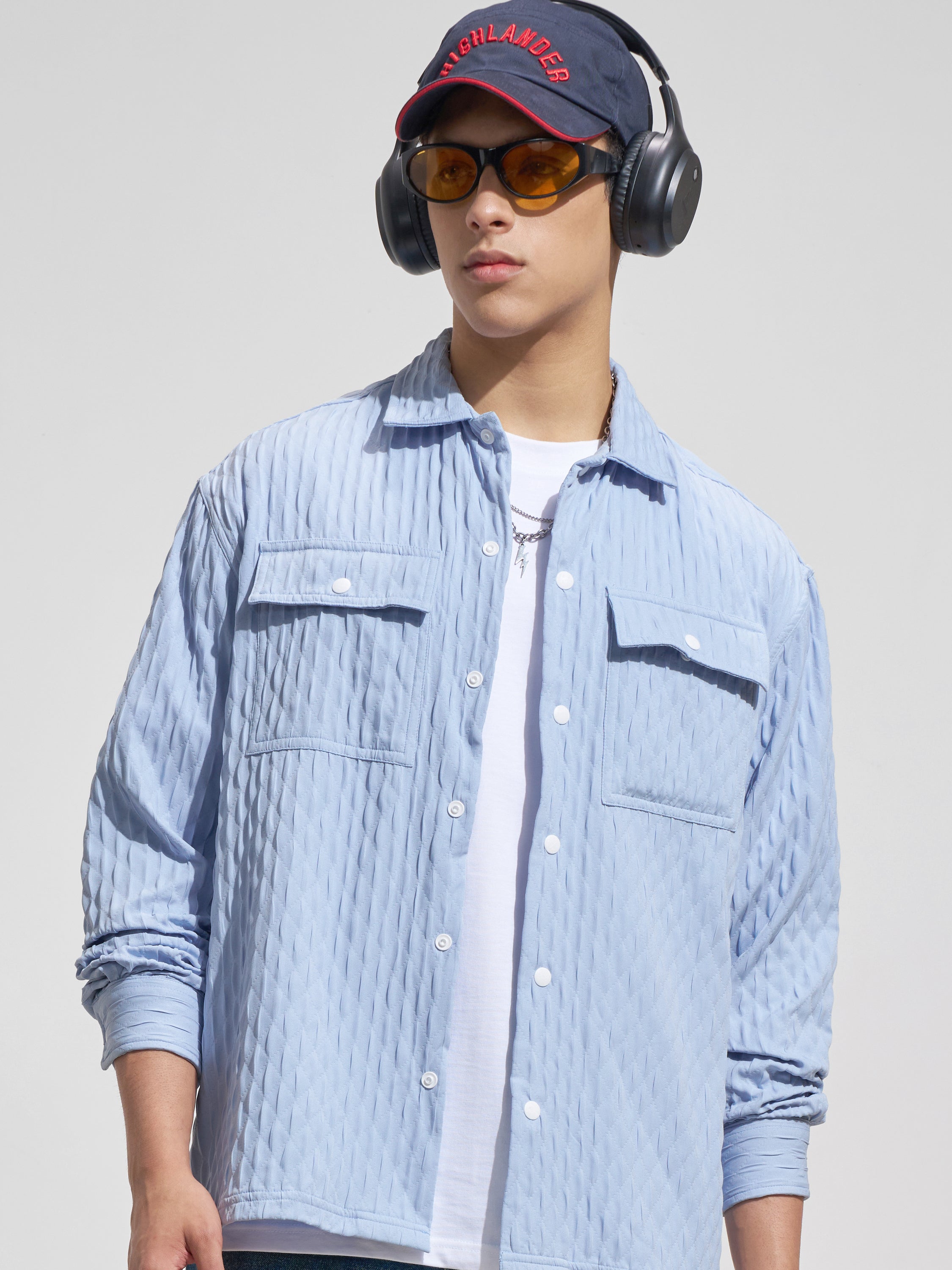 Highlander Men Blue Self Design Relaxed Fit Casual Shirt