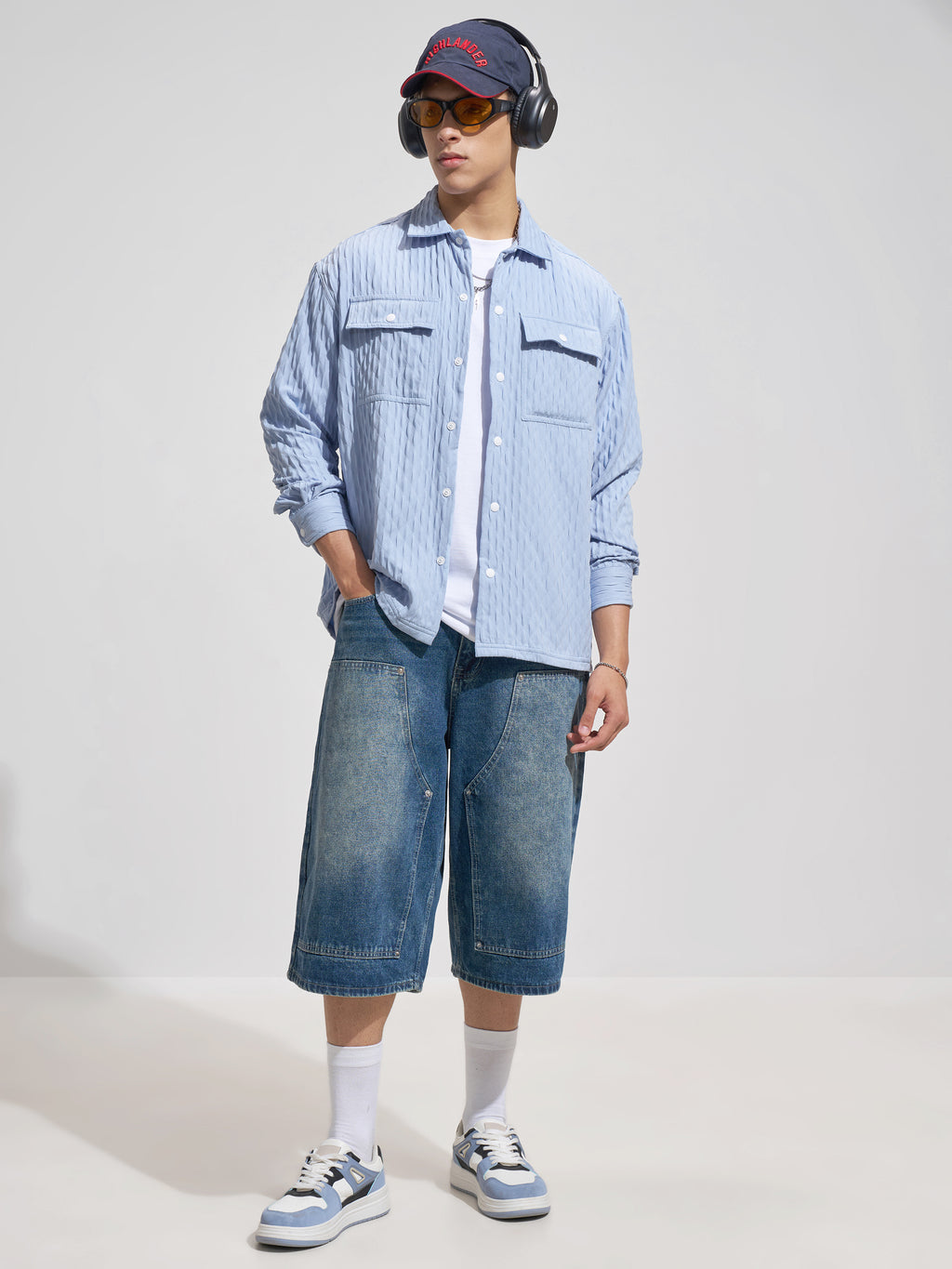 Highlander Men Blue Self Design Relaxed Fit Casual Shirt