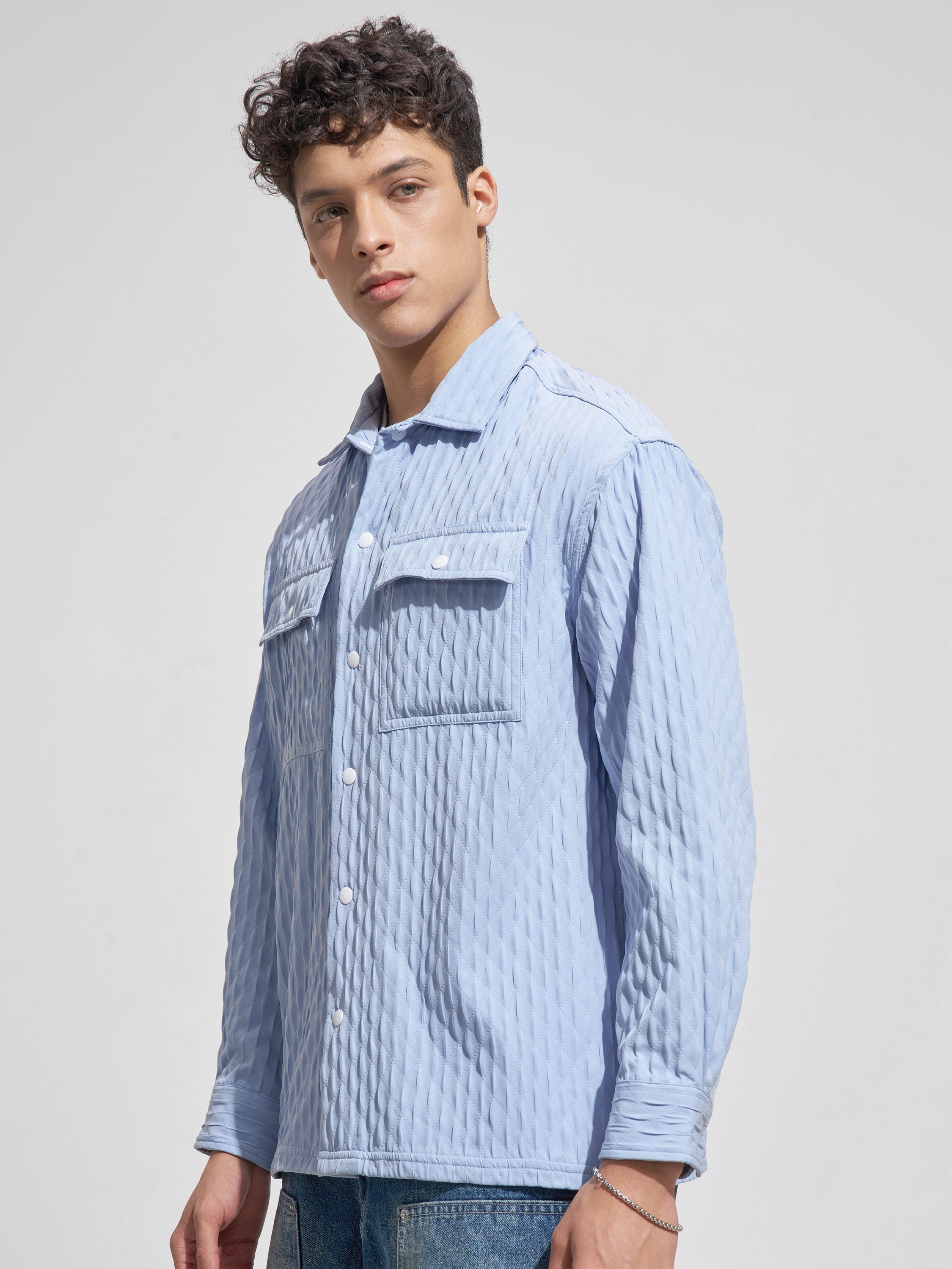 Highlander Men Blue Self Design Relaxed Fit Casual Shirt