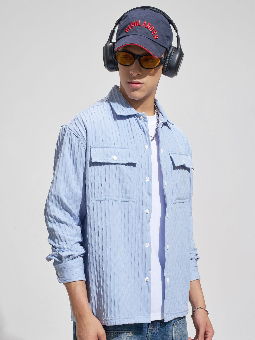 Highlander Men Blue Self Design Relaxed Fit Casual Shirt