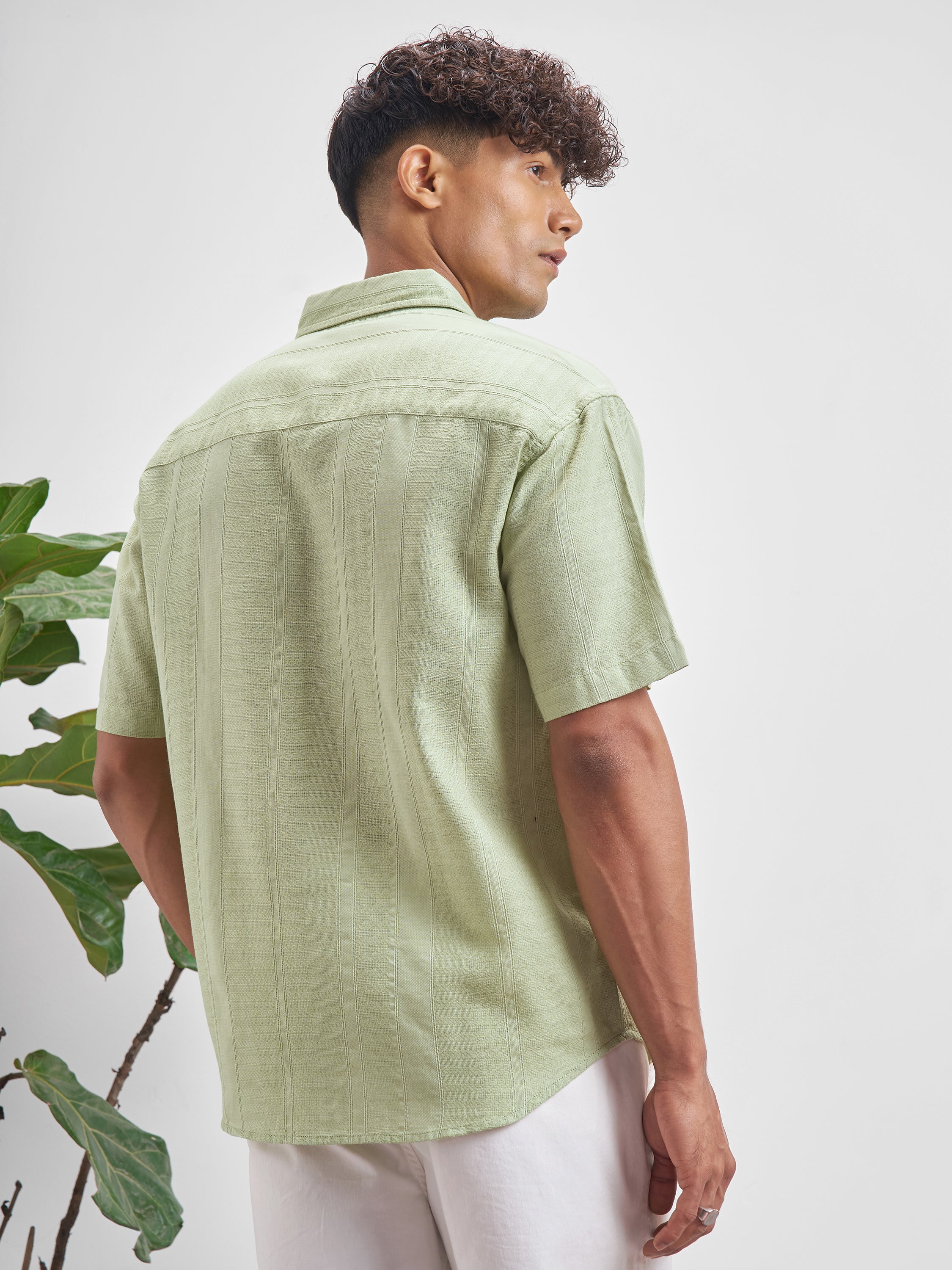 Highlander Men Green Self Design Relaxed Fit Casual Shirt - Green - Image 3