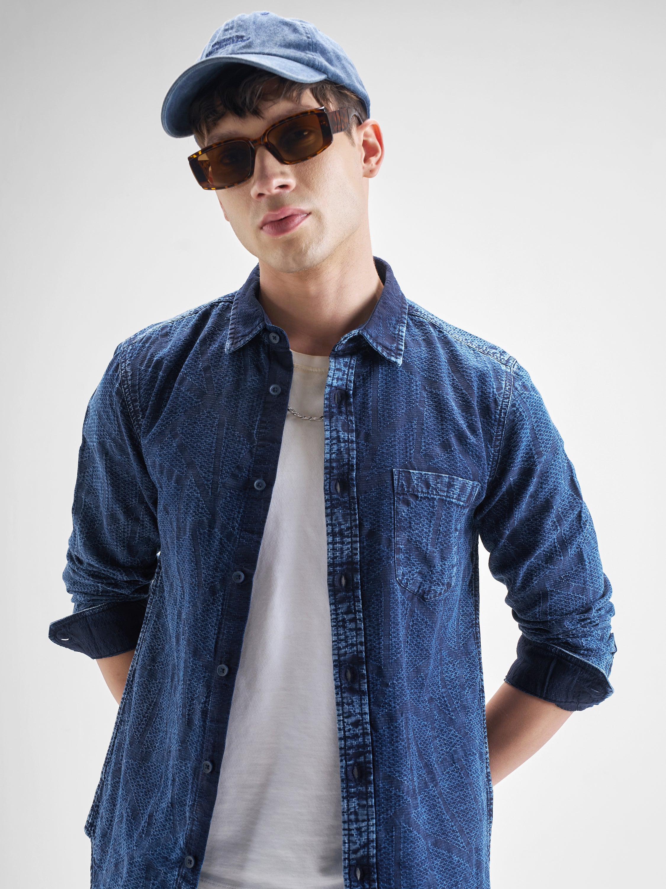 Highlander Men Blue Self Design Slim Fit Casual Shirt - Blue - Image 1
