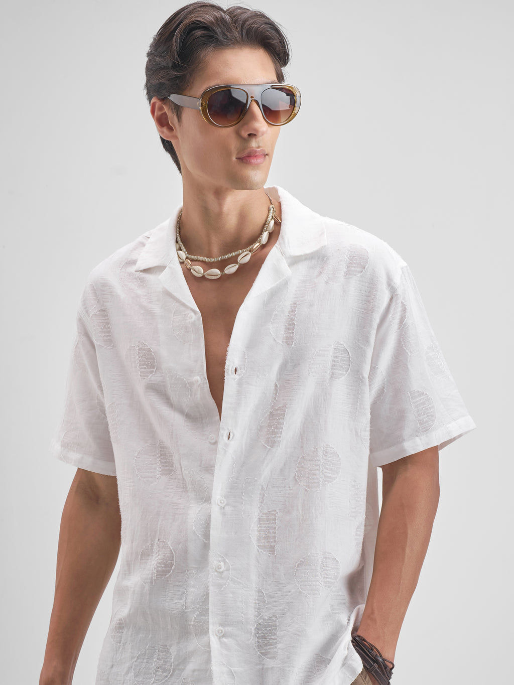 Highlander Men White Self Design Relaxed Fit Casual shirt - White - Image 1