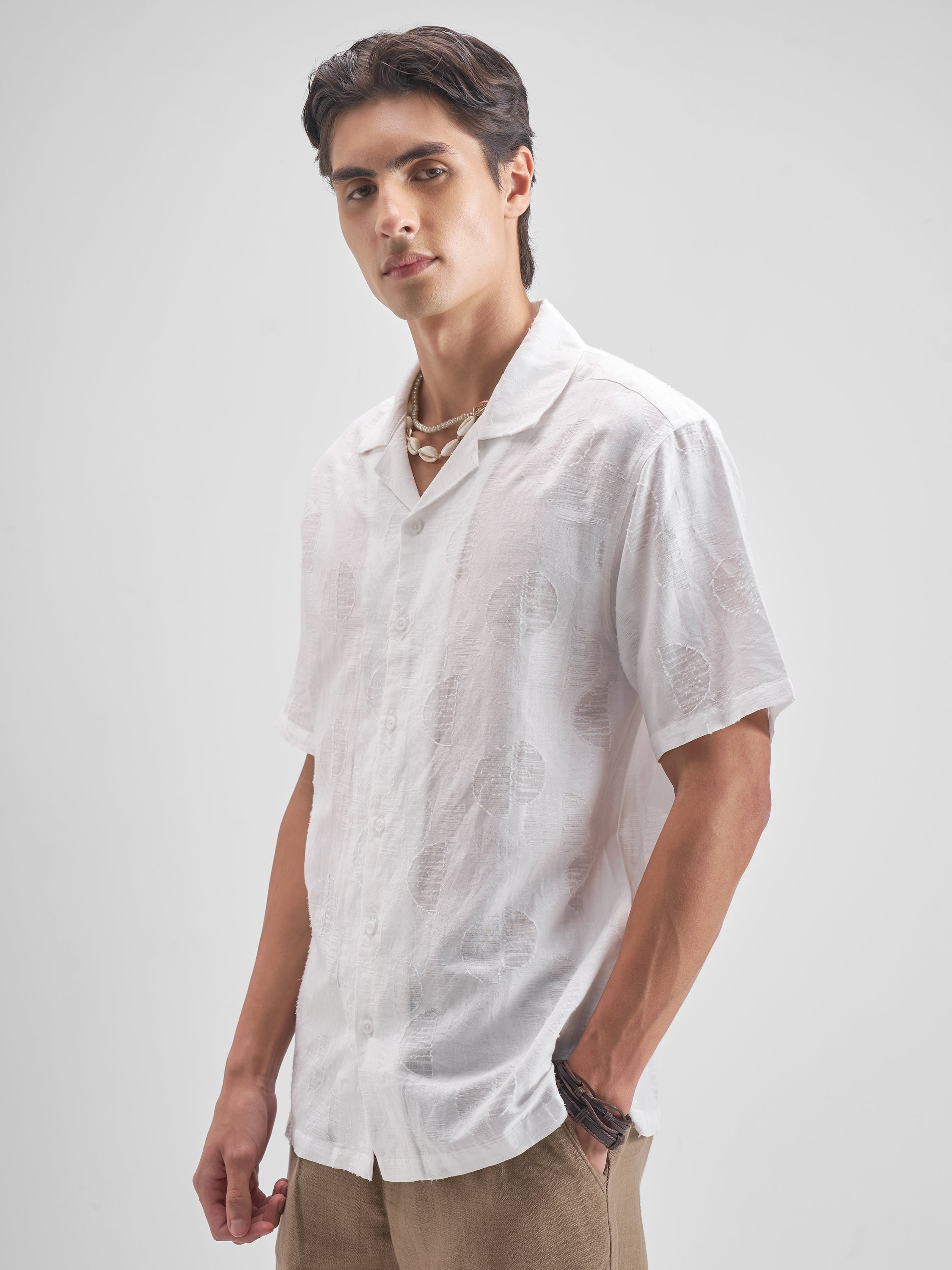 Highlander Men White Self Design Relaxed Fit Casual shirt - White - Image 4