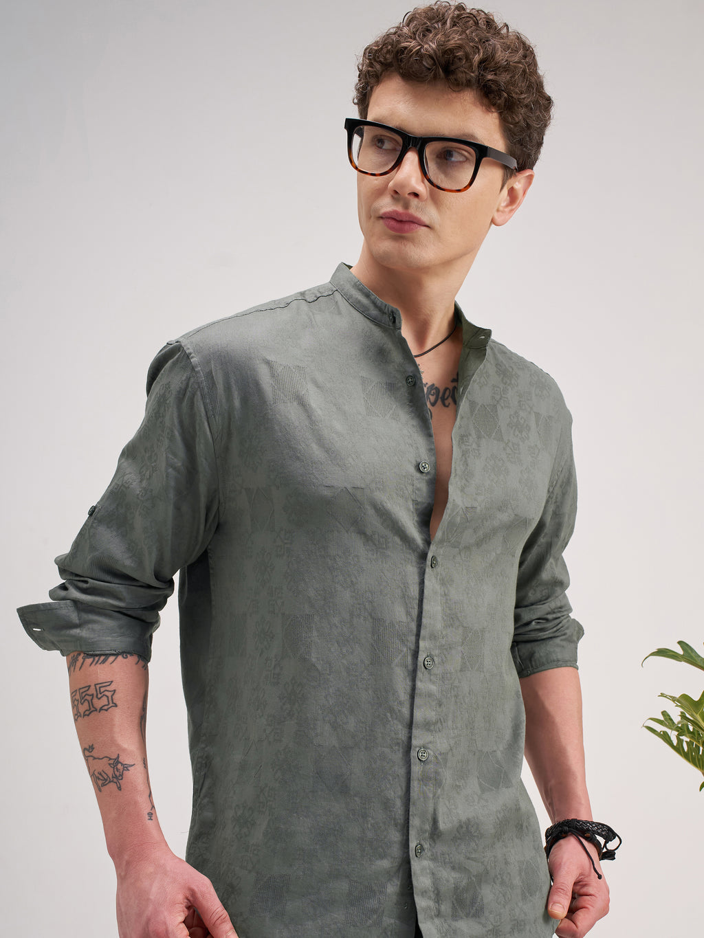 Highlander Men Olive Self Design Regular Fit Casual Shirt - Olive - Image 1