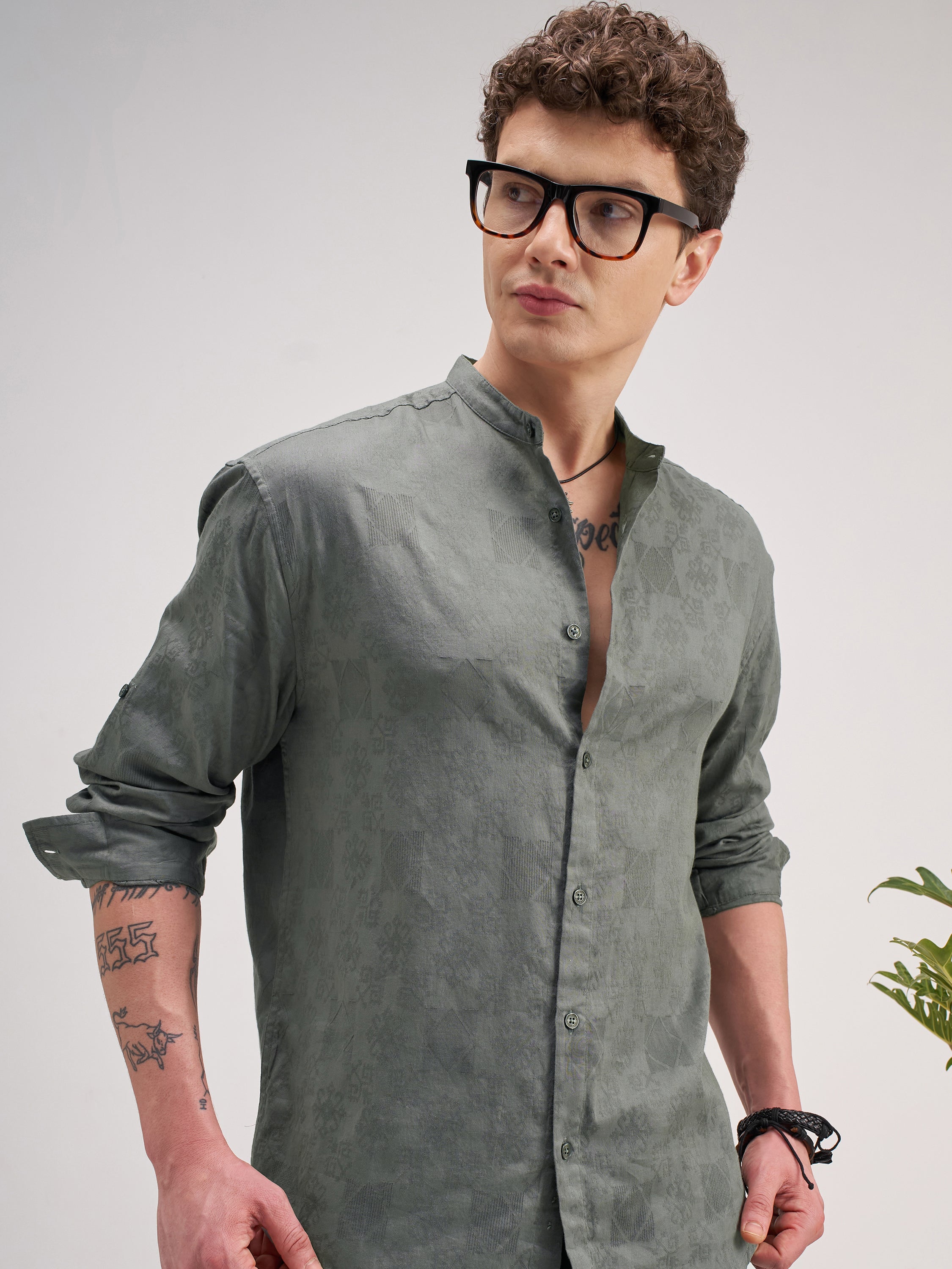 Highlander Men Olive Self Design Regular Fit Casual Shirt - Olive - Image 1