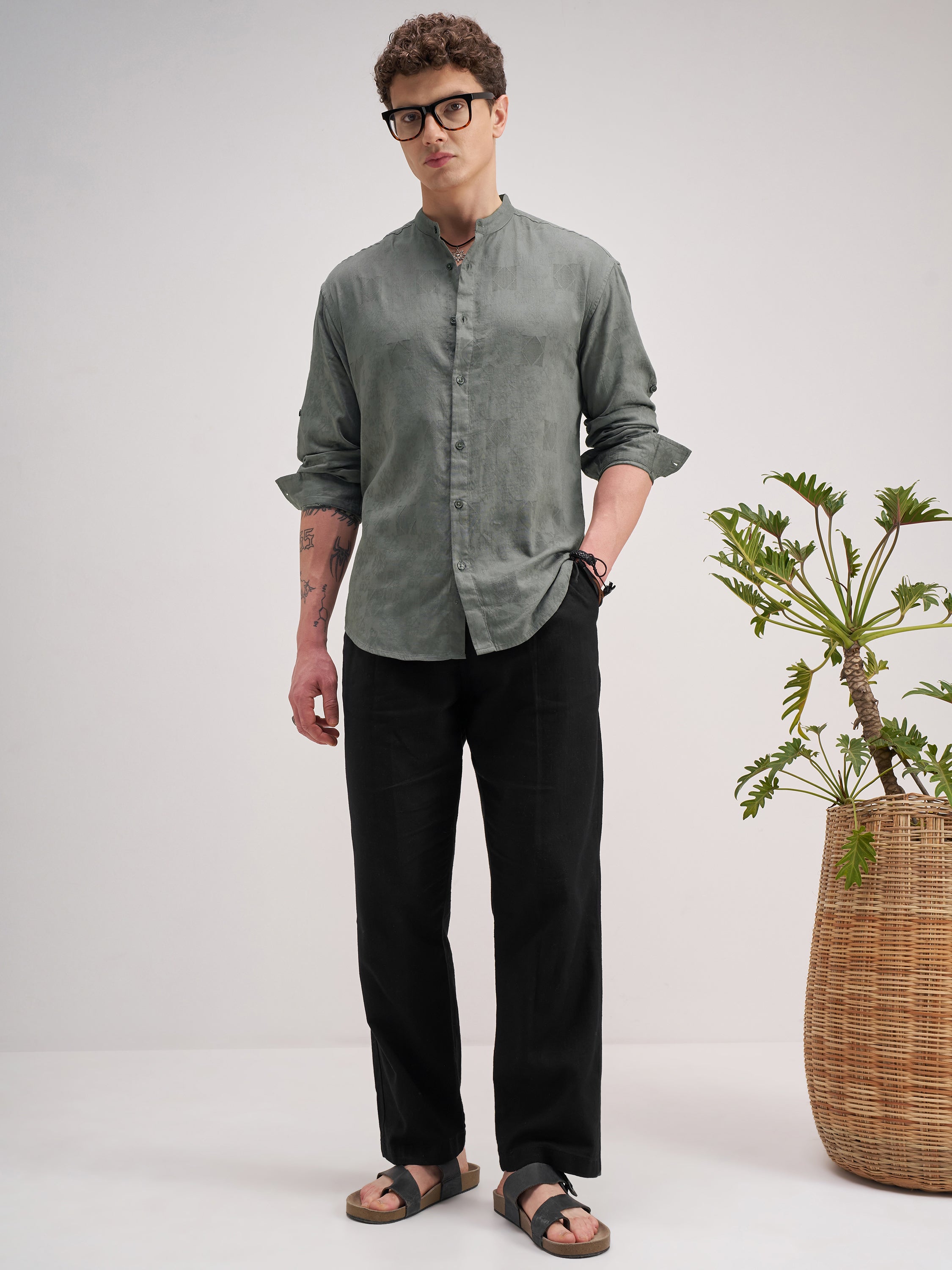 Highlander Men Olive Self Design Regular Fit Casual Shirt - Olive - Image 2