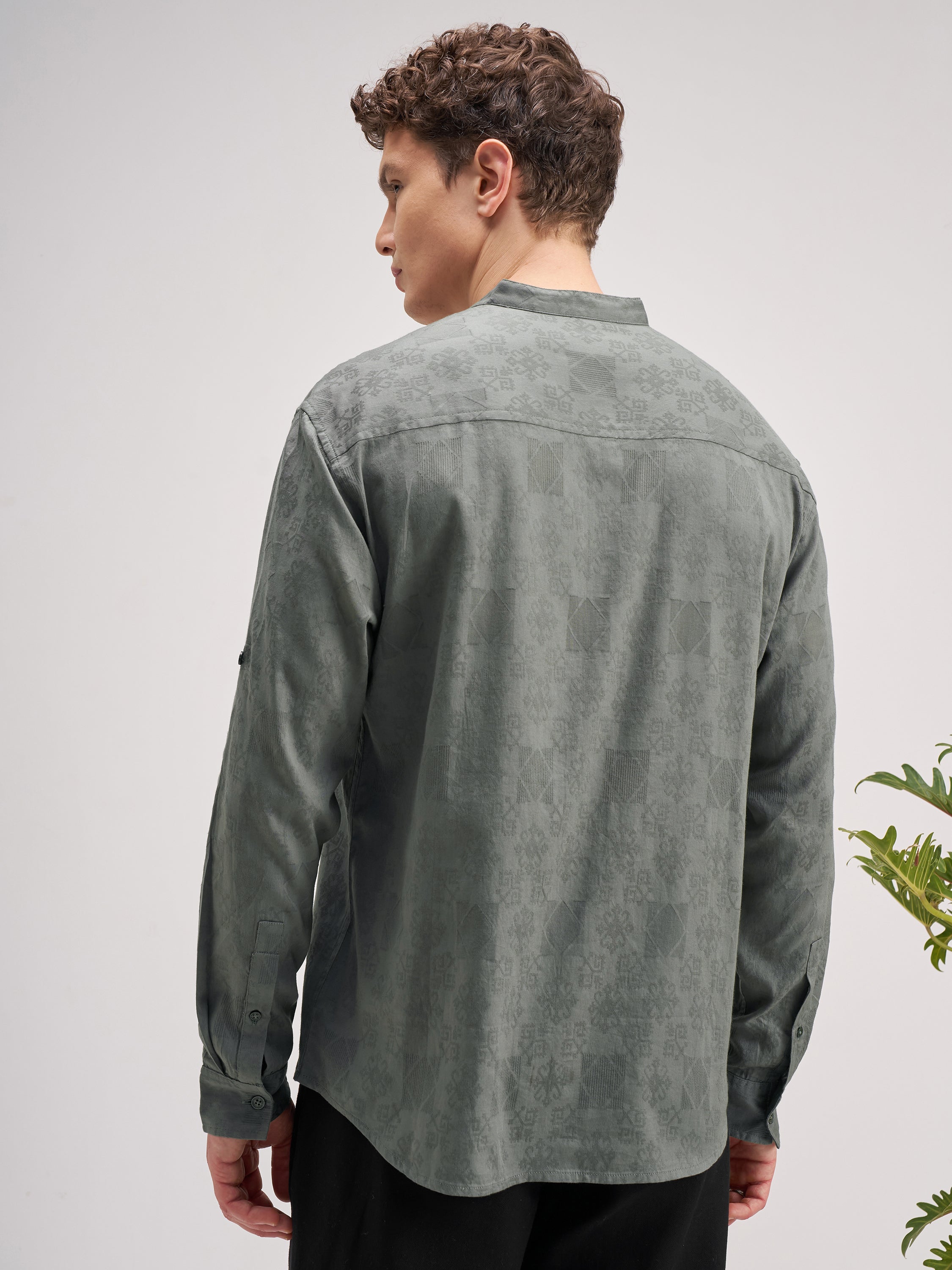Highlander Men Olive Self Design Regular Fit Casual Shirt - Olive - Image 3