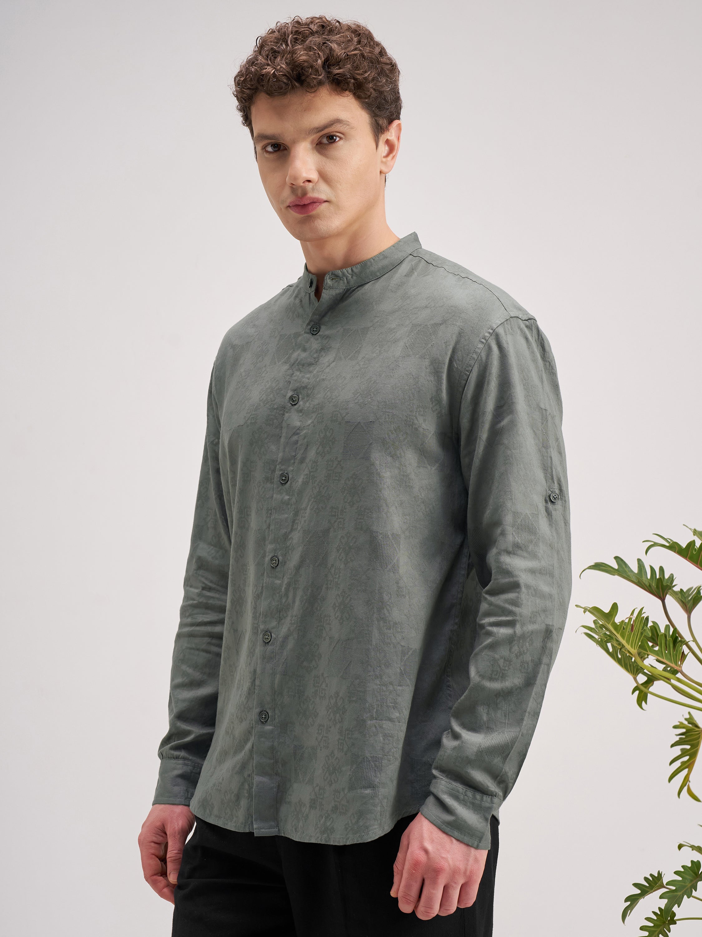 Highlander Men Olive Self Design Regular Fit Casual Shirt - Olive - Image 4