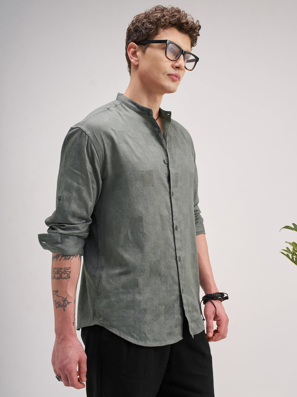 Highlander Men Olive Self Design Regular Fit Casual Shirt - Olive - Image 6