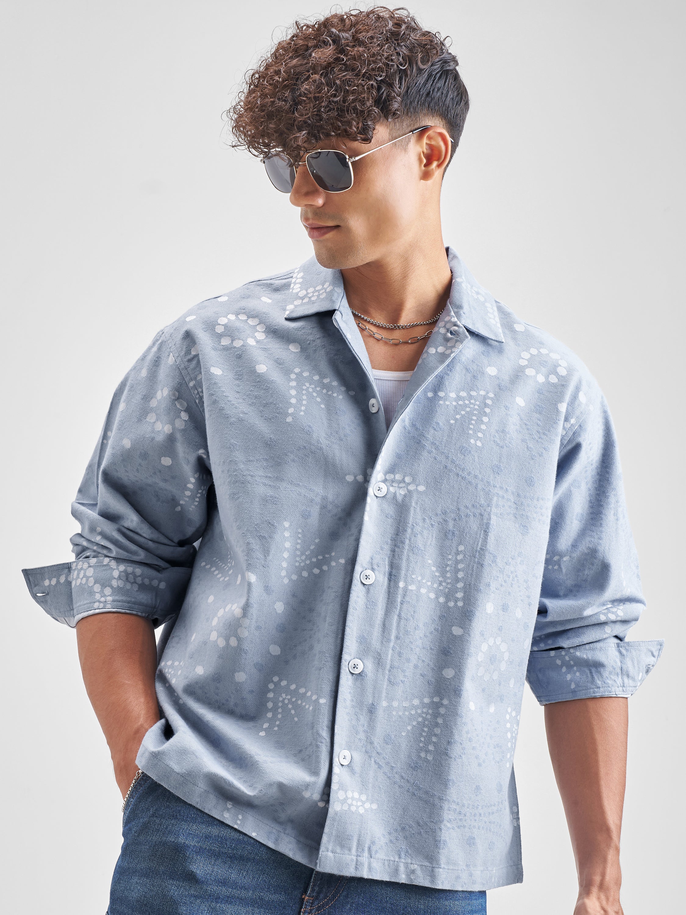 Highlander Men Blue Printed Boxy Casual Shirt - Blue - Image 1