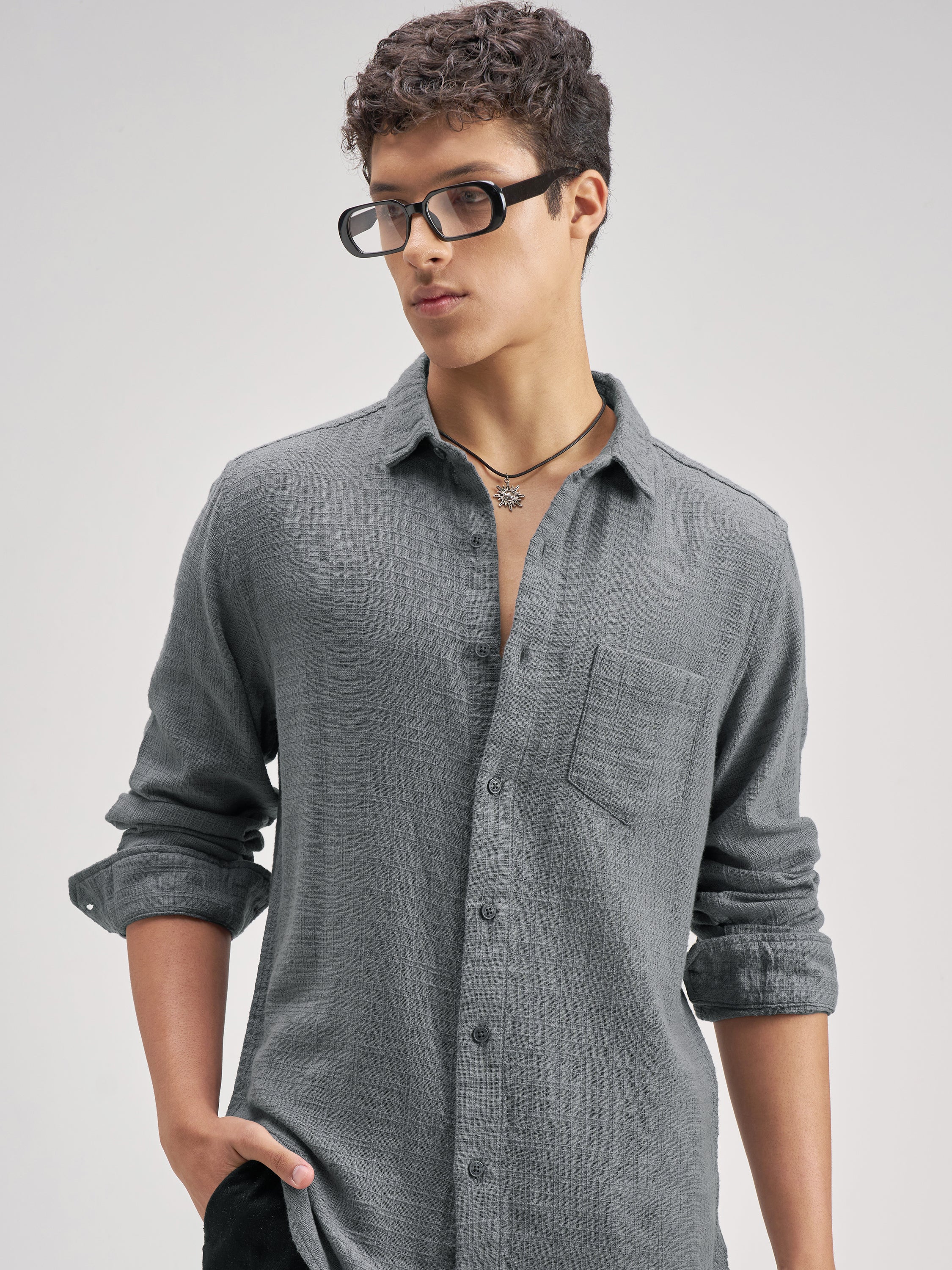 Highlander Men Blue Self Design Regular Fit Casual Shirt - Blue - Image 1