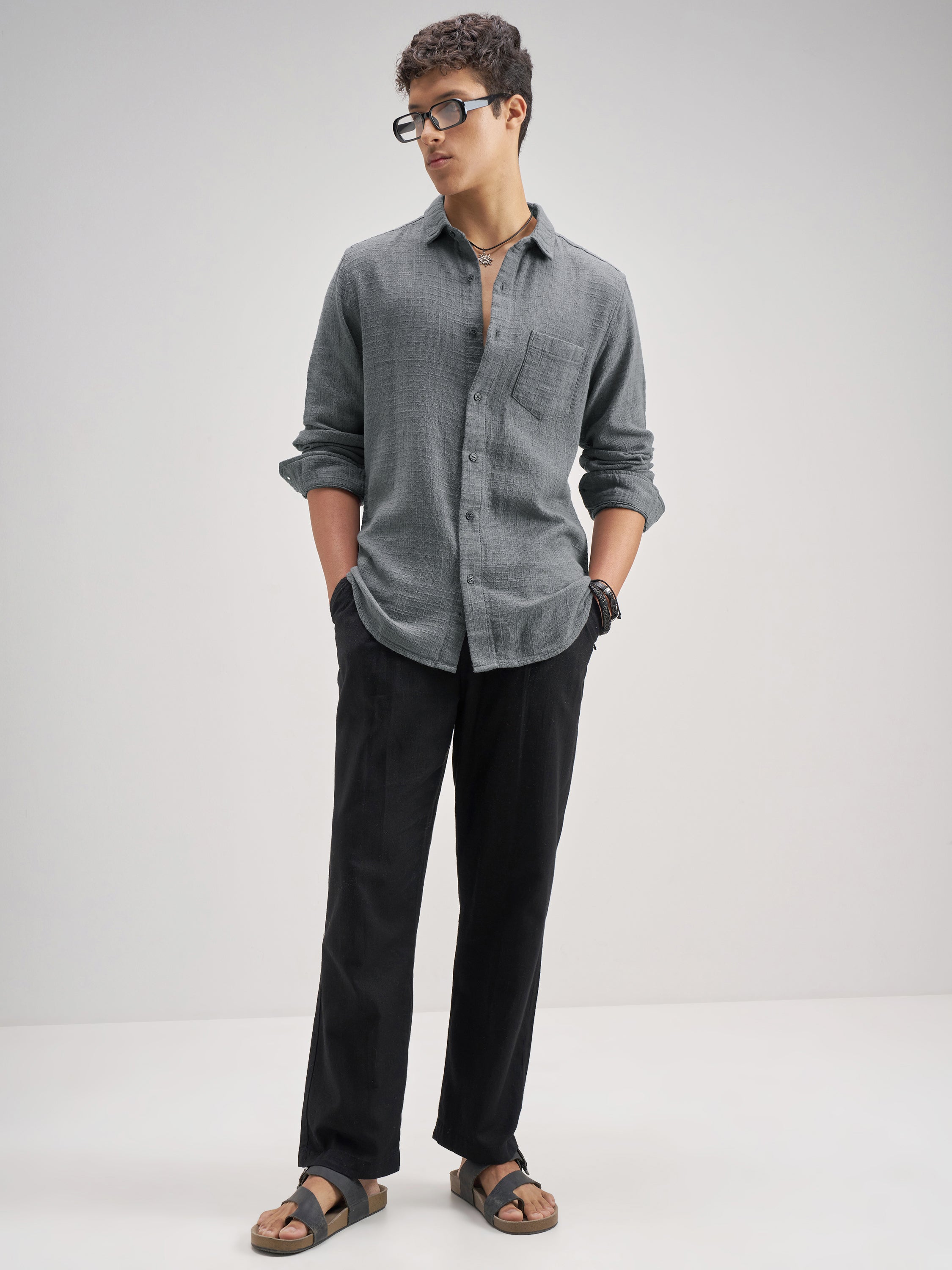 Highlander Men Blue Self Design Regular Fit Casual Shirt - Blue - Image 2