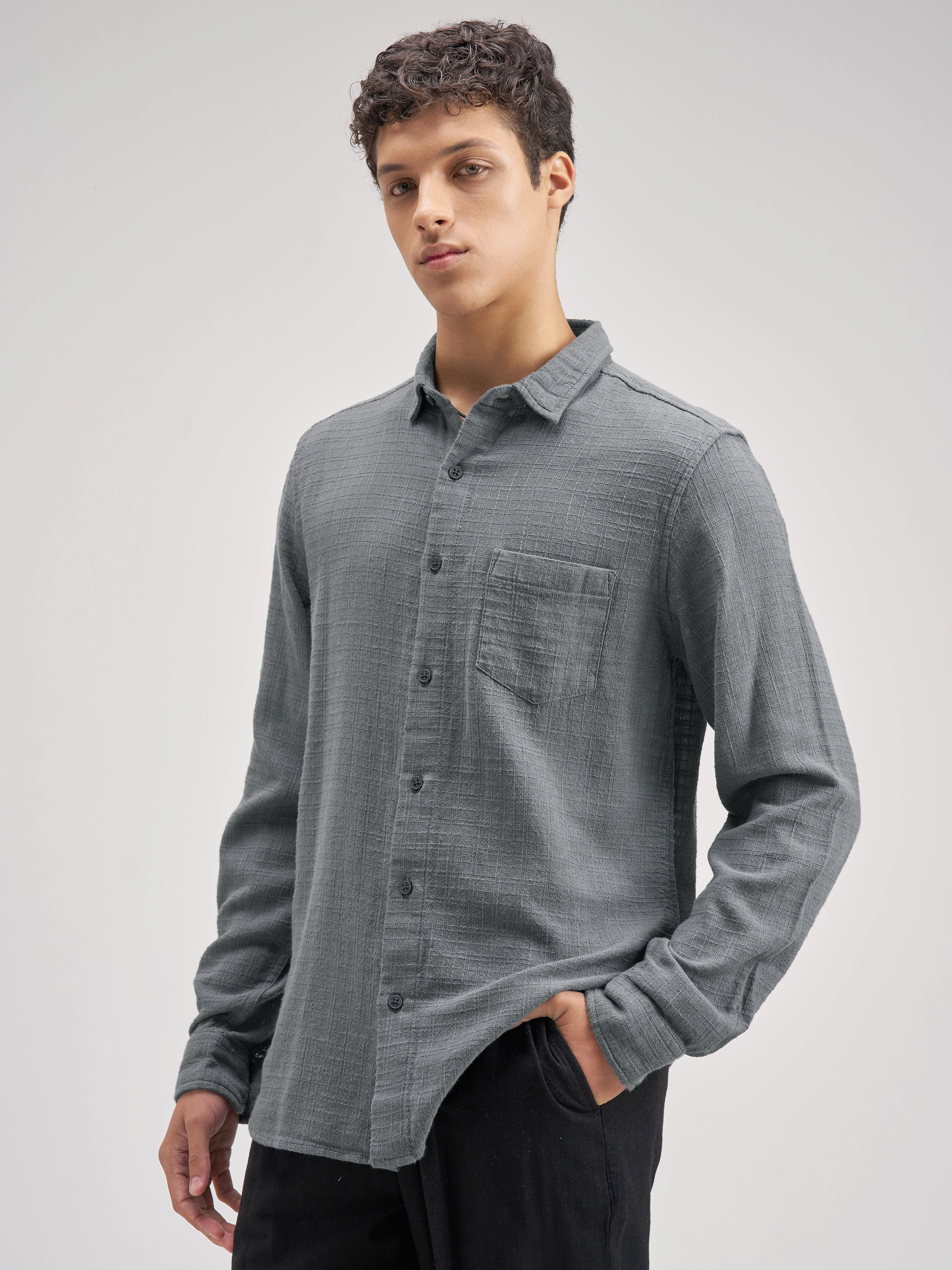 Highlander Men Blue Self Design Regular Fit Casual Shirt - Blue - Image 4