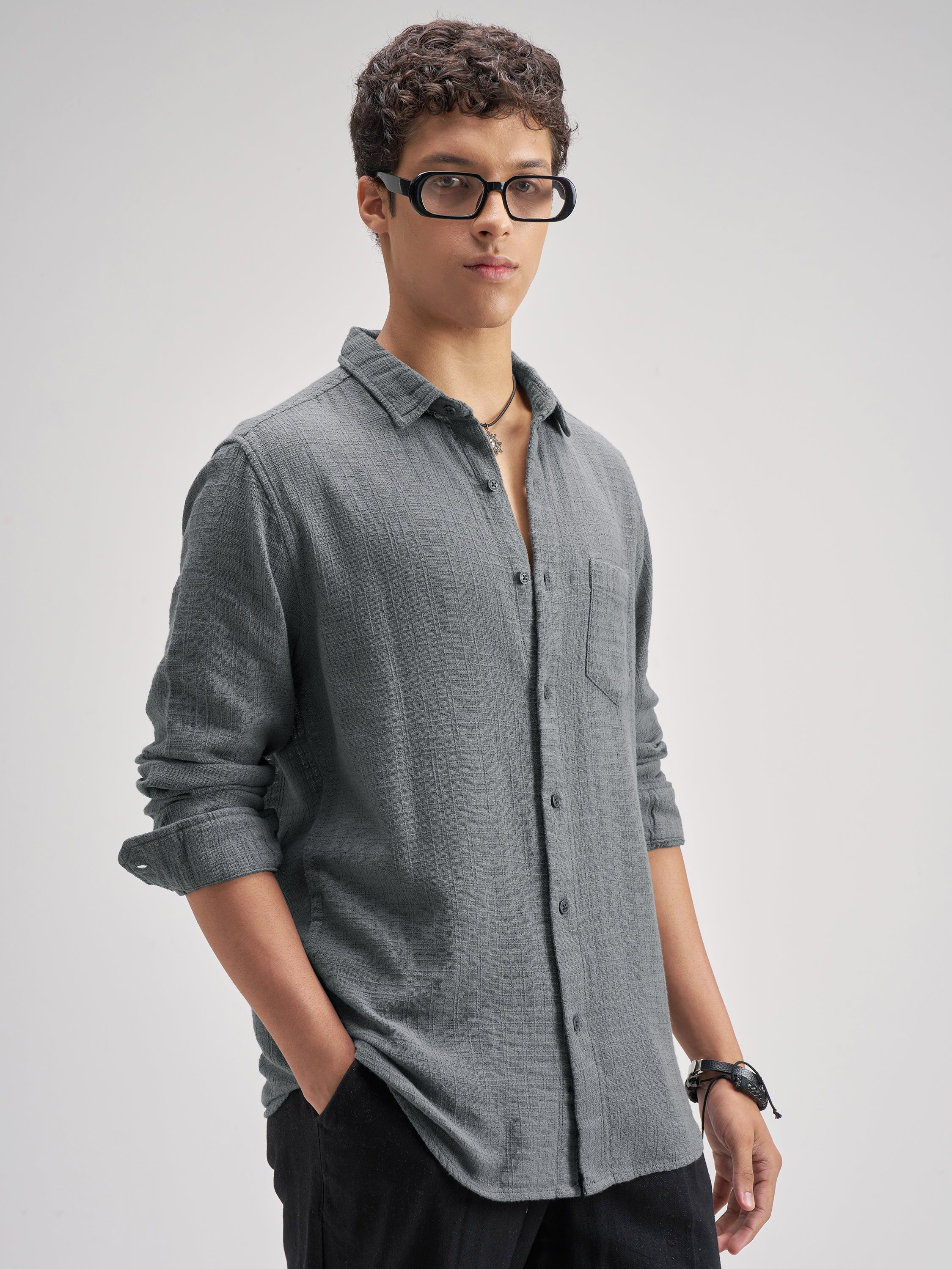 Highlander Men Blue Self Design Regular Fit Casual Shirt - Blue - Image 6